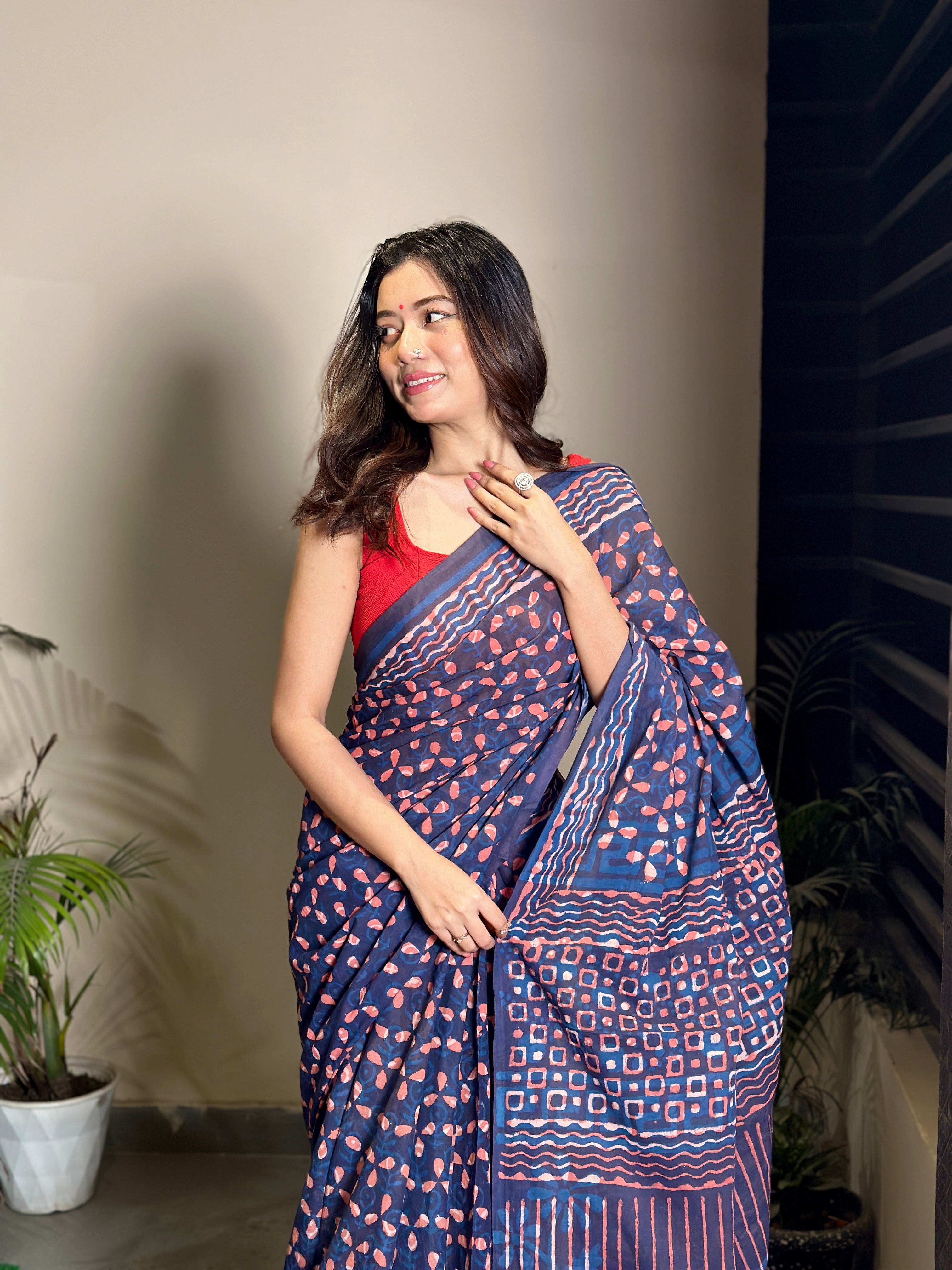 Dhalti Raat ( Stary Night In Dessert) - Bagru Natural Dyed Handblock Printed - Cotton Mulmul Saree