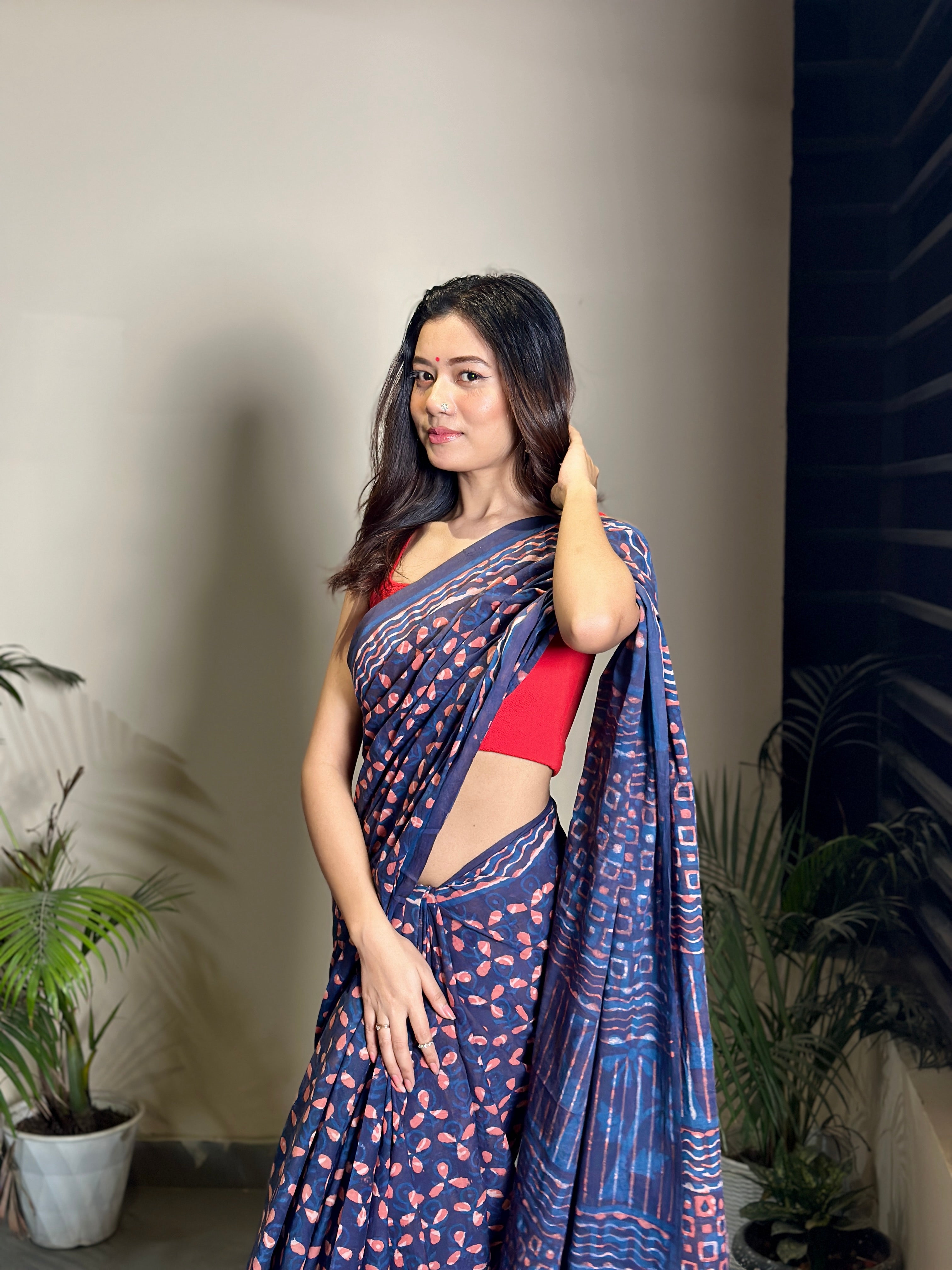 Dhalti Raat ( Stary Night In Dessert) - Bagru Natural Dyed Handblock Printed - Cotton Mulmul Saree