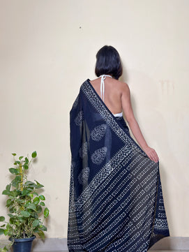 Black Pepper -Handblock Print Natural Dyed - Mulmul Cotton Saree
