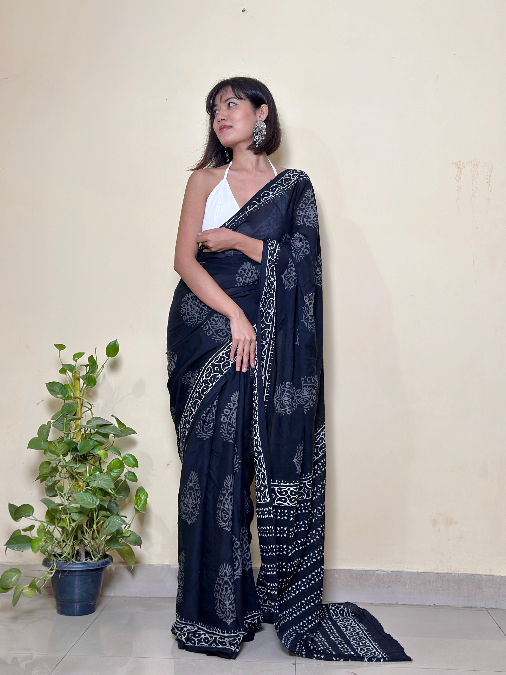 Black Pepper -Handblock Print Natural Dyed - Mulmul Cotton Saree
