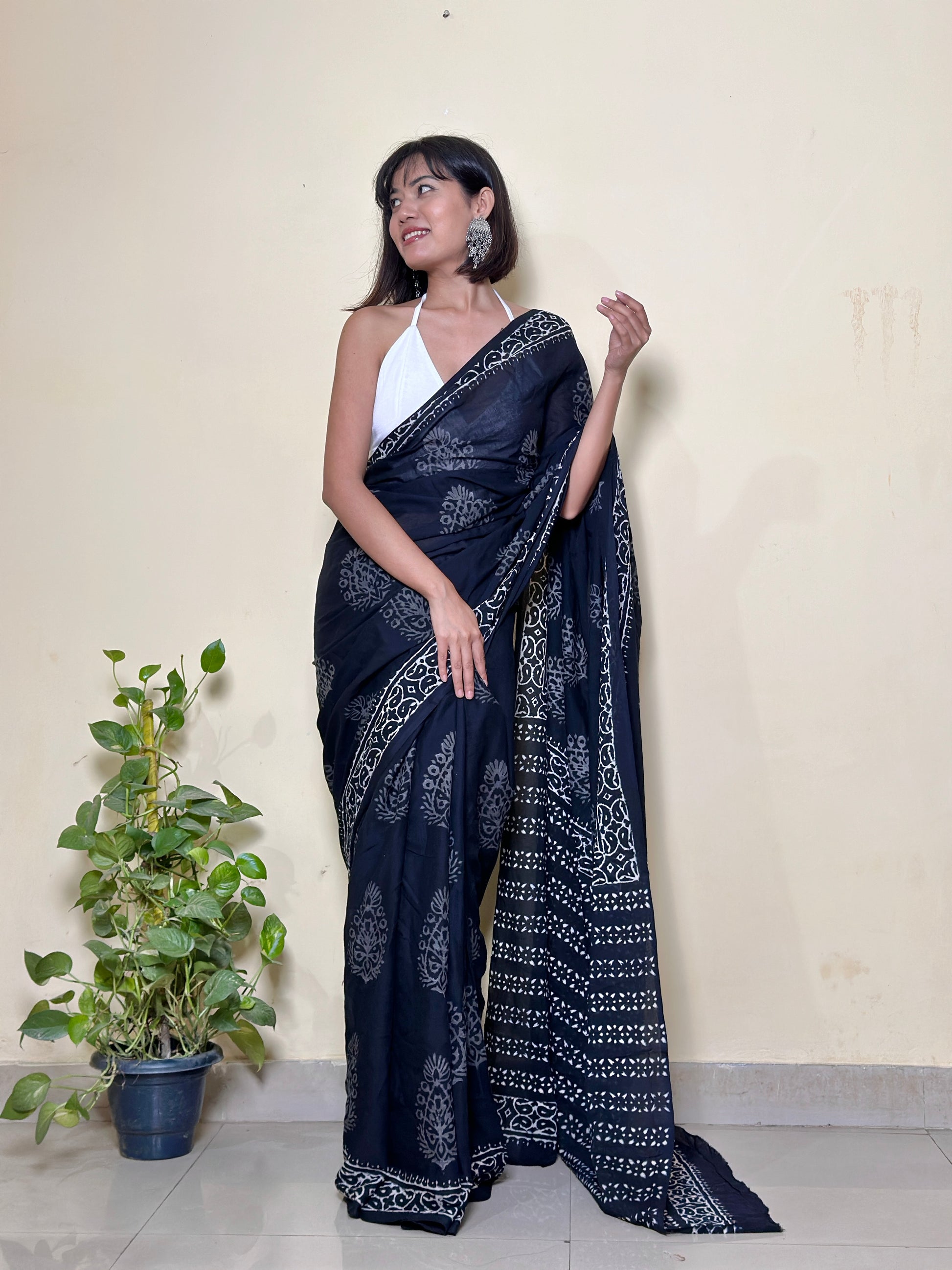 Black Pepper -Handblock Print Natural Dyed - Mulmul Cotton Saree
