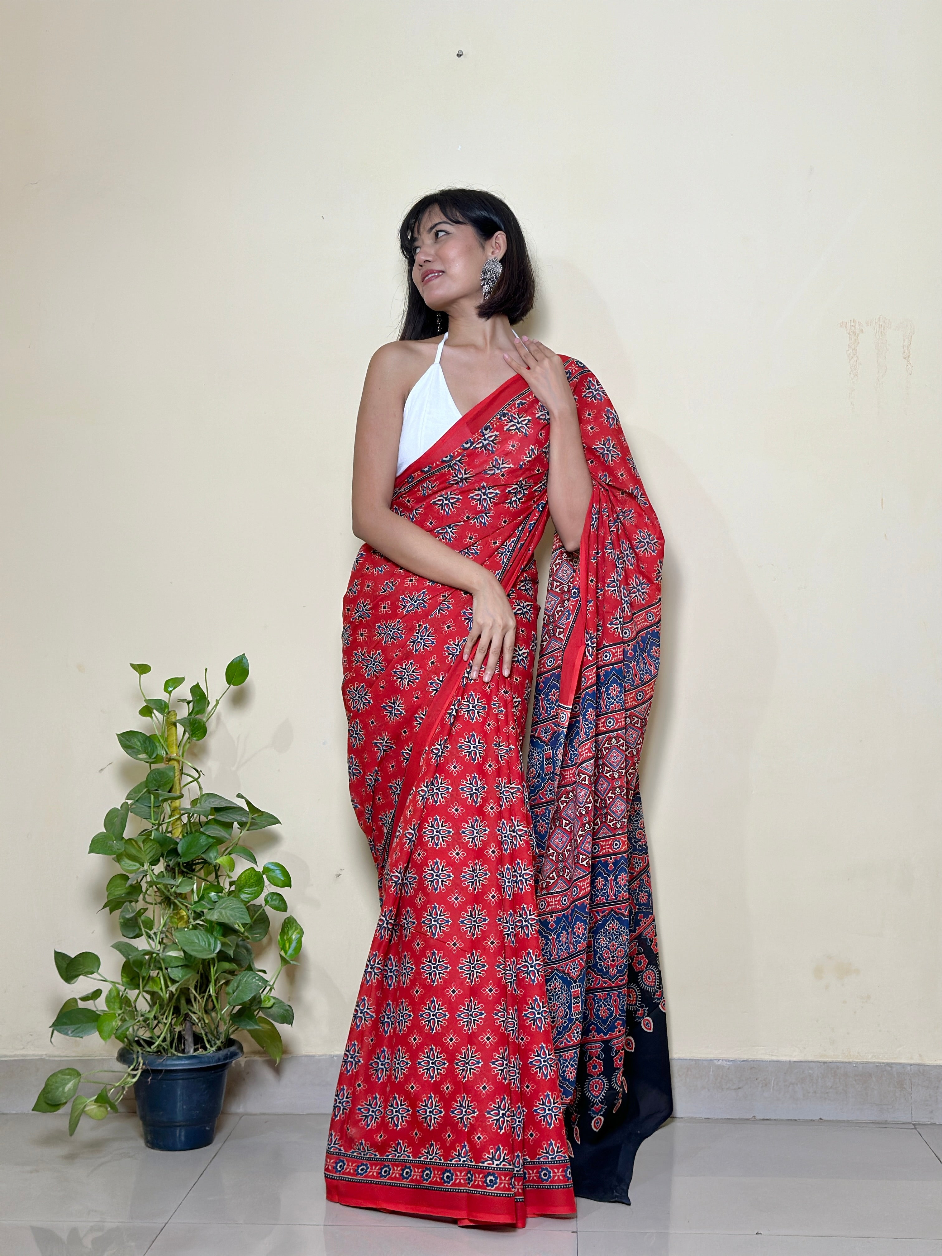 Red Ajrakh - Cotton Mulmul Handblock Saree