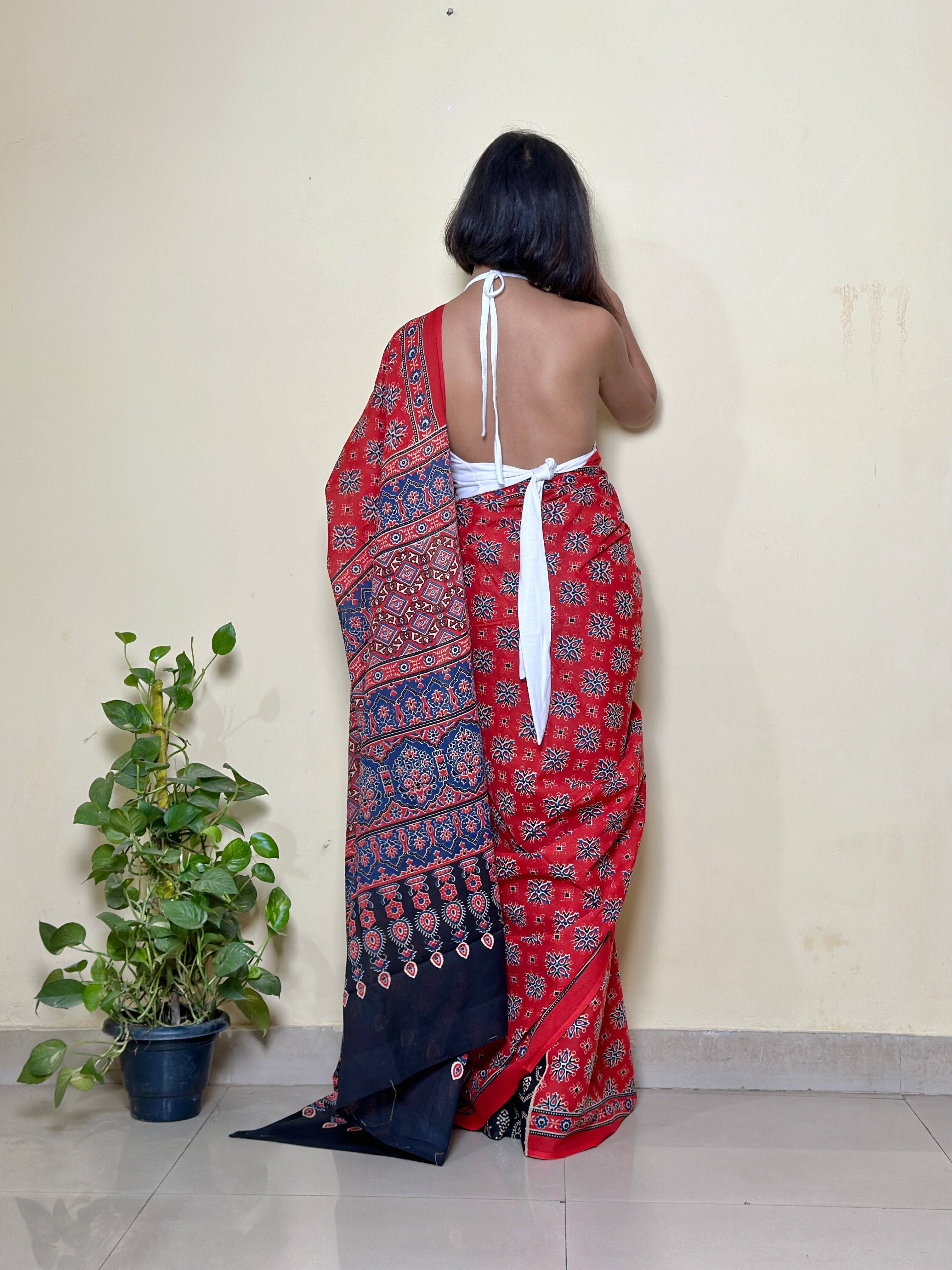 Red Ajrakh - Cotton Mulmul Handblock Saree