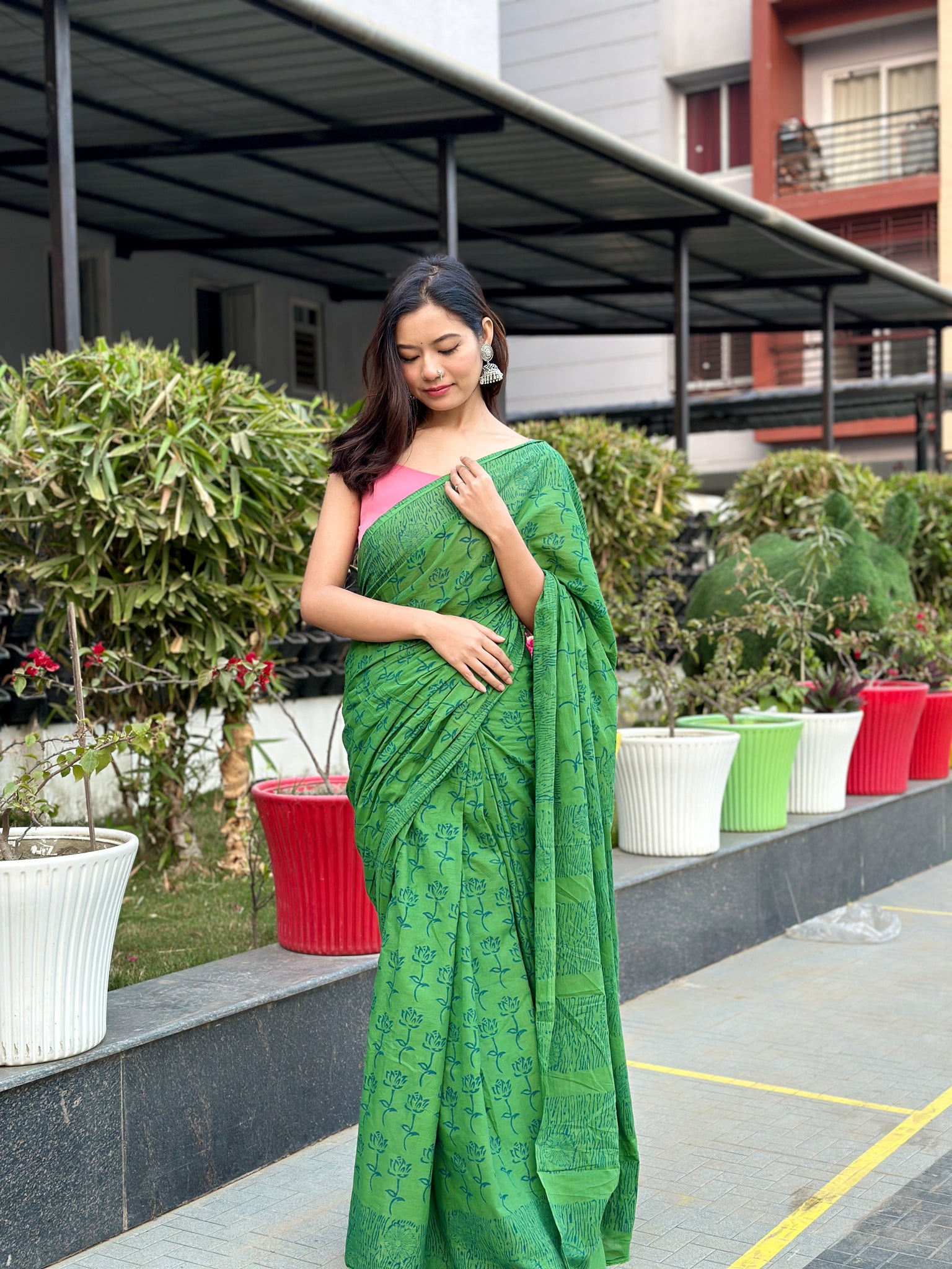 Lotus in Green hue - Handblock Print Natural Dyed - Mulmul Cotton Saree