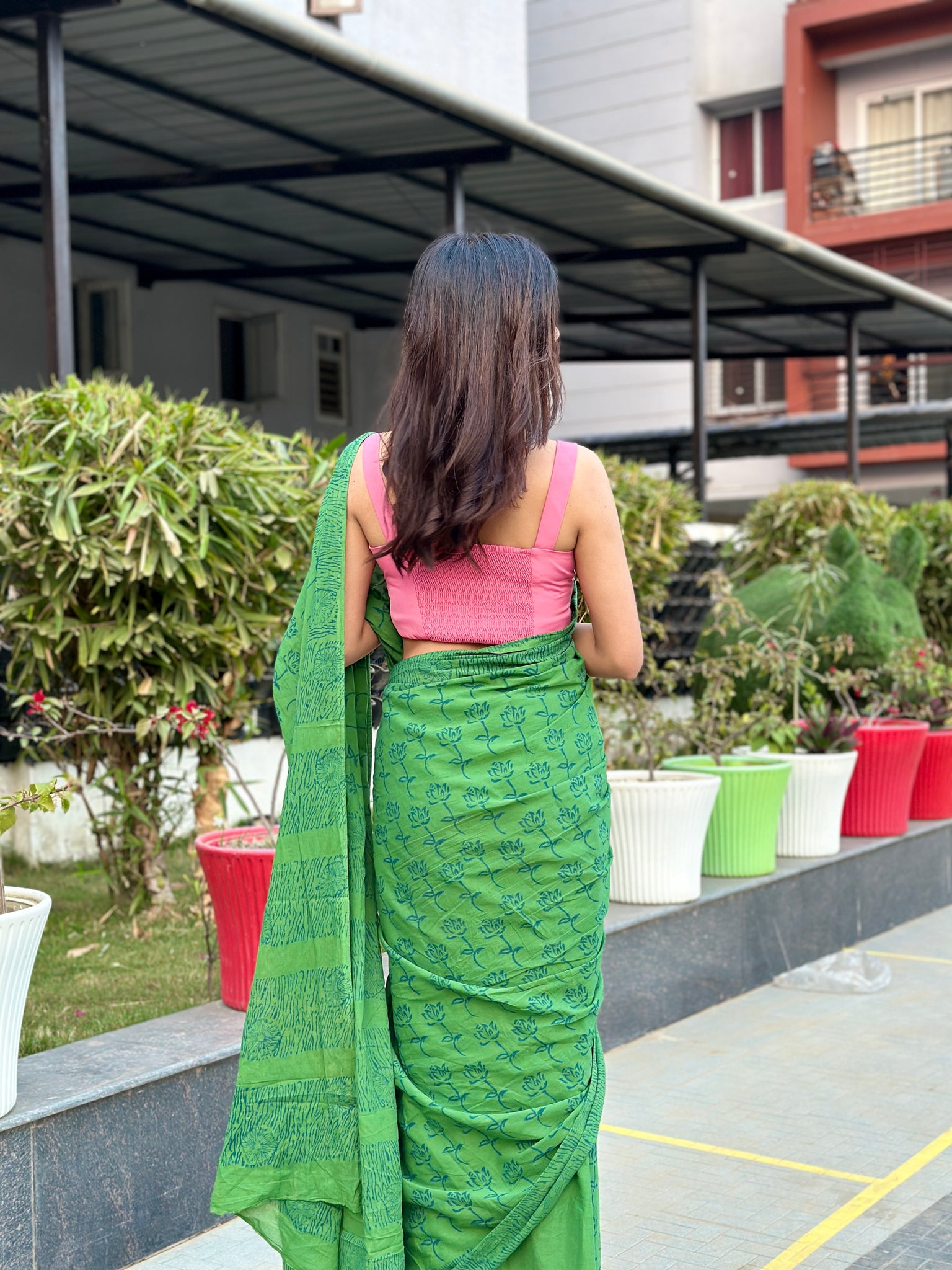 Lotus in Green hue - Handblock Print Natural Dyed - Mulmul Cotton Saree