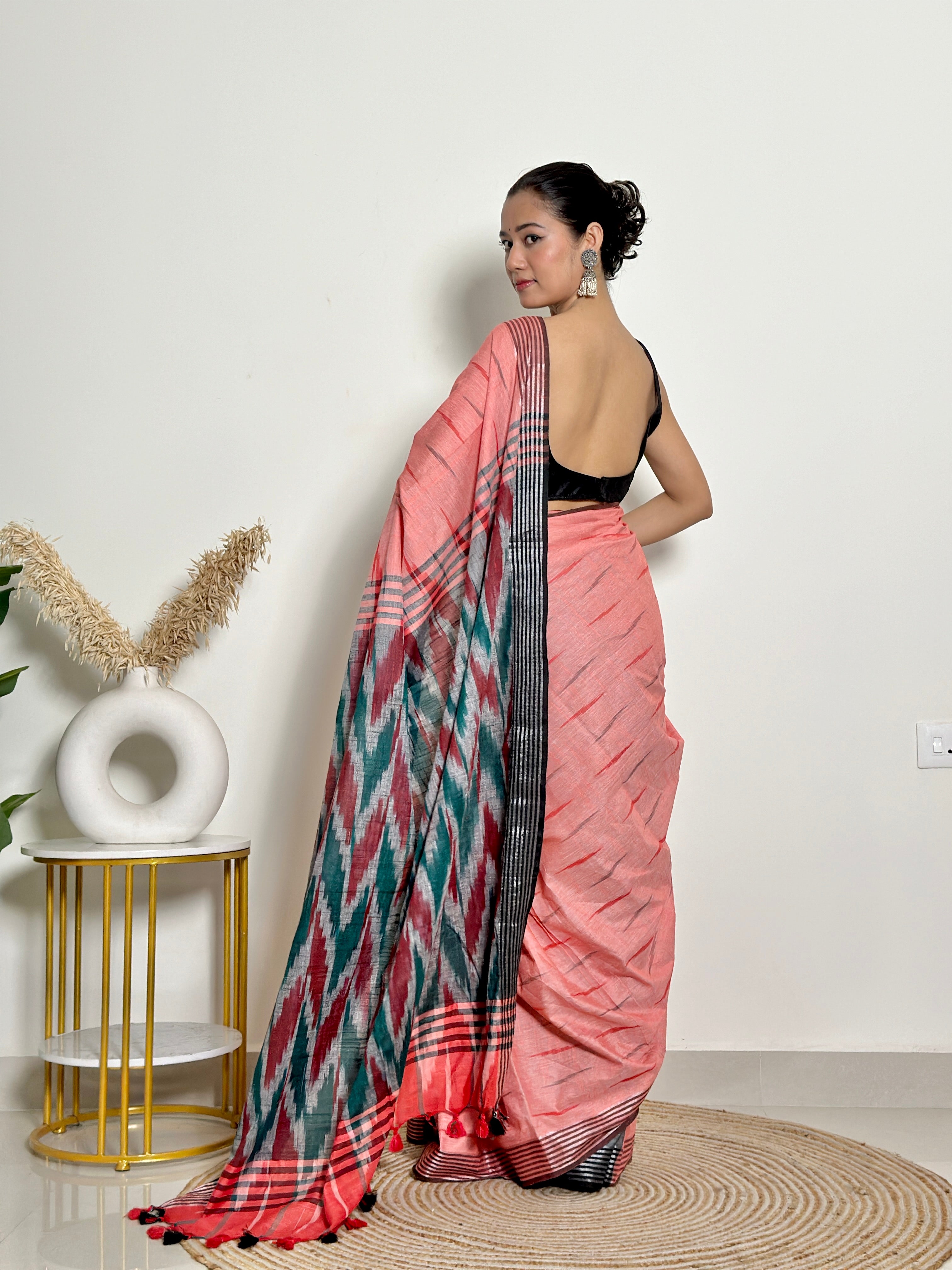 Coral And Grey Ikat Natural Dyed - HandCrafted - Soft Linen Saree