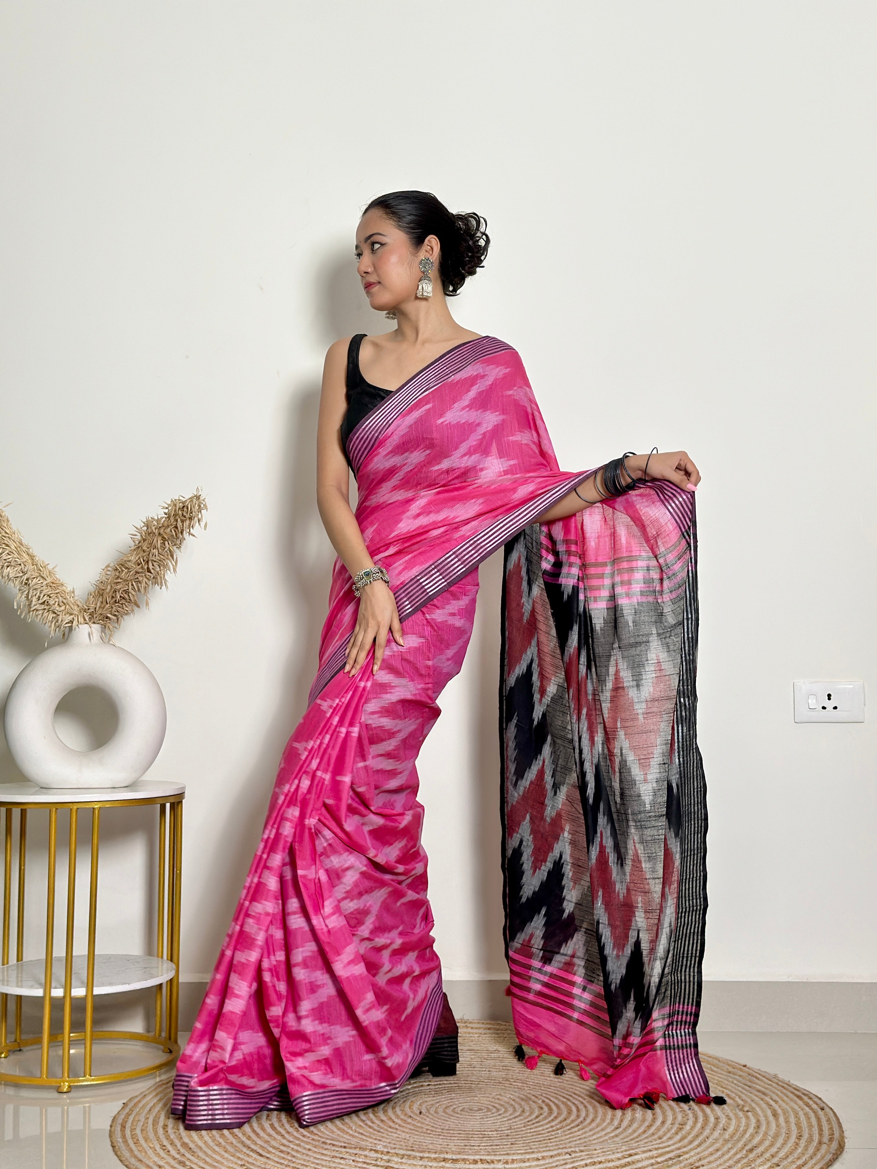 Pink and Black Ikkat Natural Dyed - HandCrafted - Soft Linen Saree