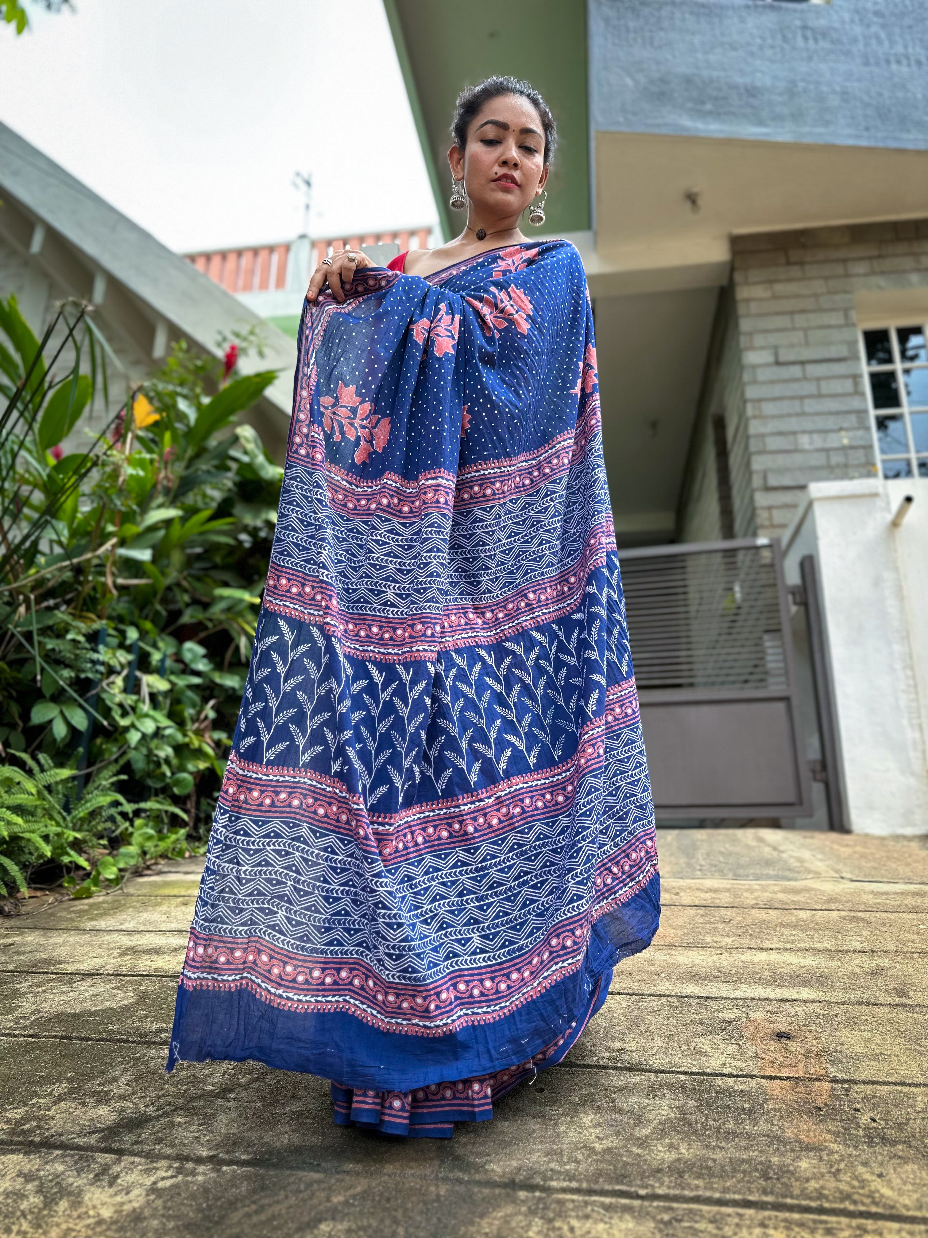 Elegant Navy Blue - Handblock Printed Cotton Saree for Summer
