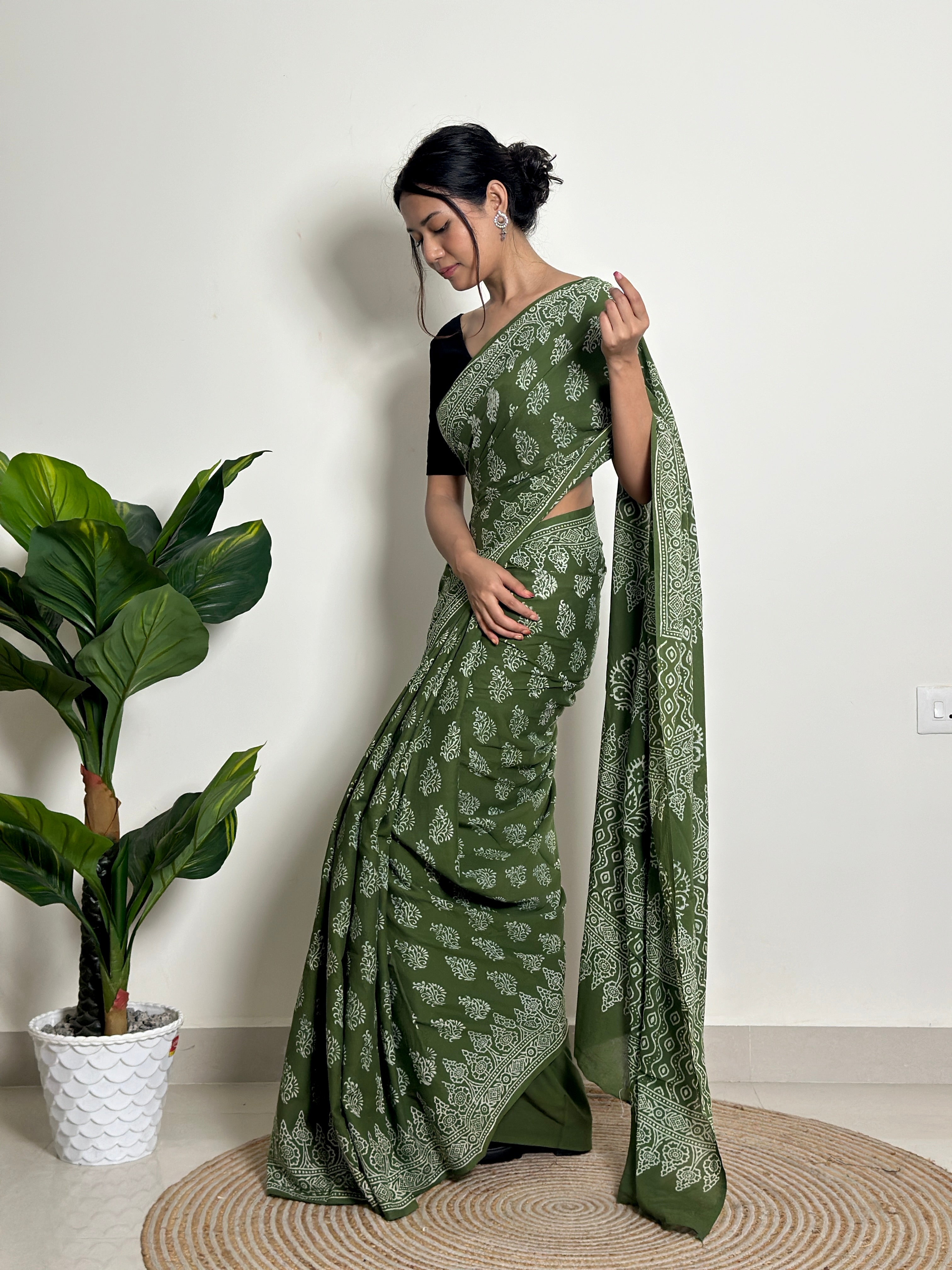 Olive Orchard - Handblock Print Natural Dyed -  Mulmul Cotton Saree