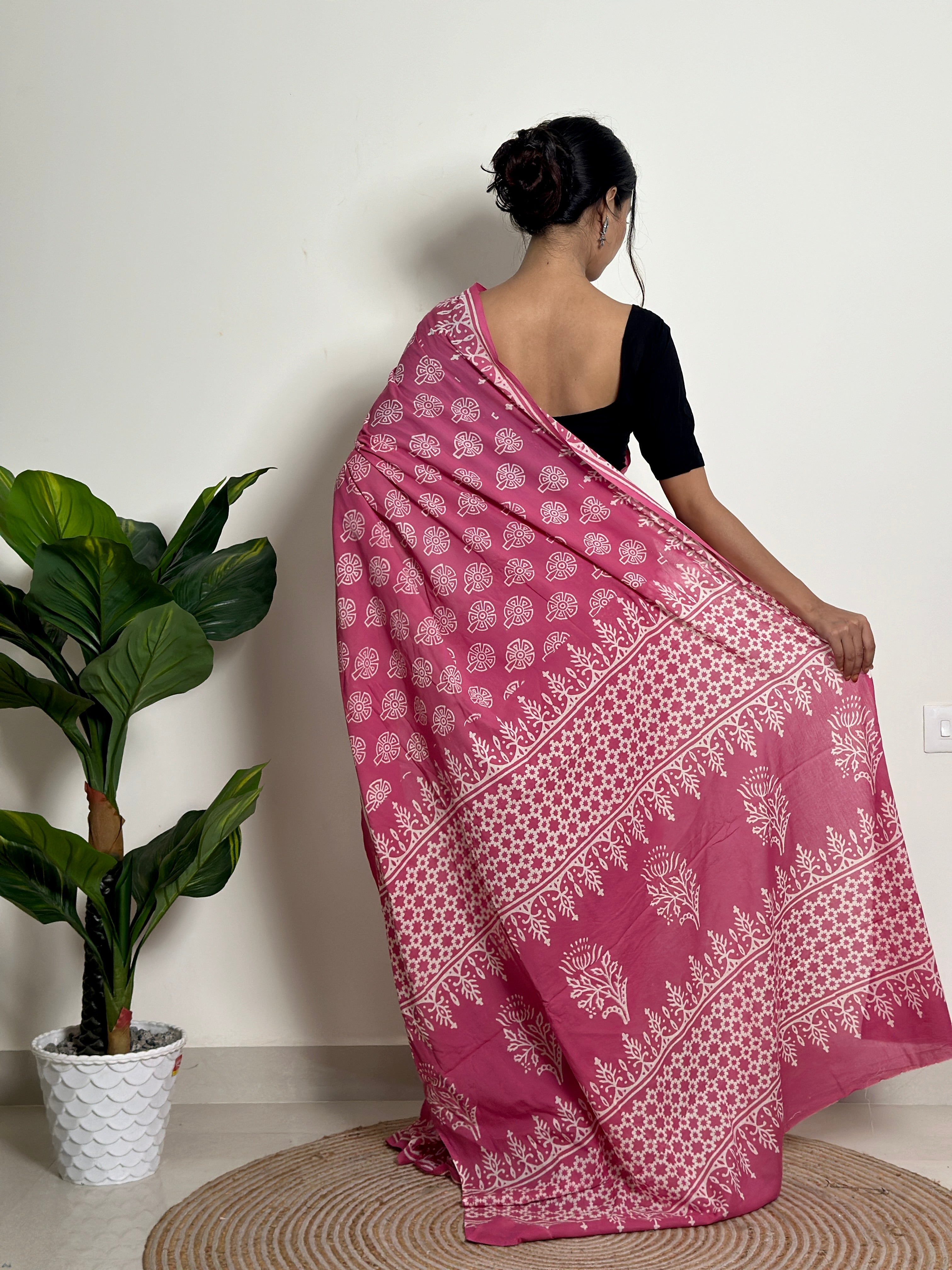 Passionate Pink - Handblock Print Natural Dyed -  Mulmul Cotton Saree