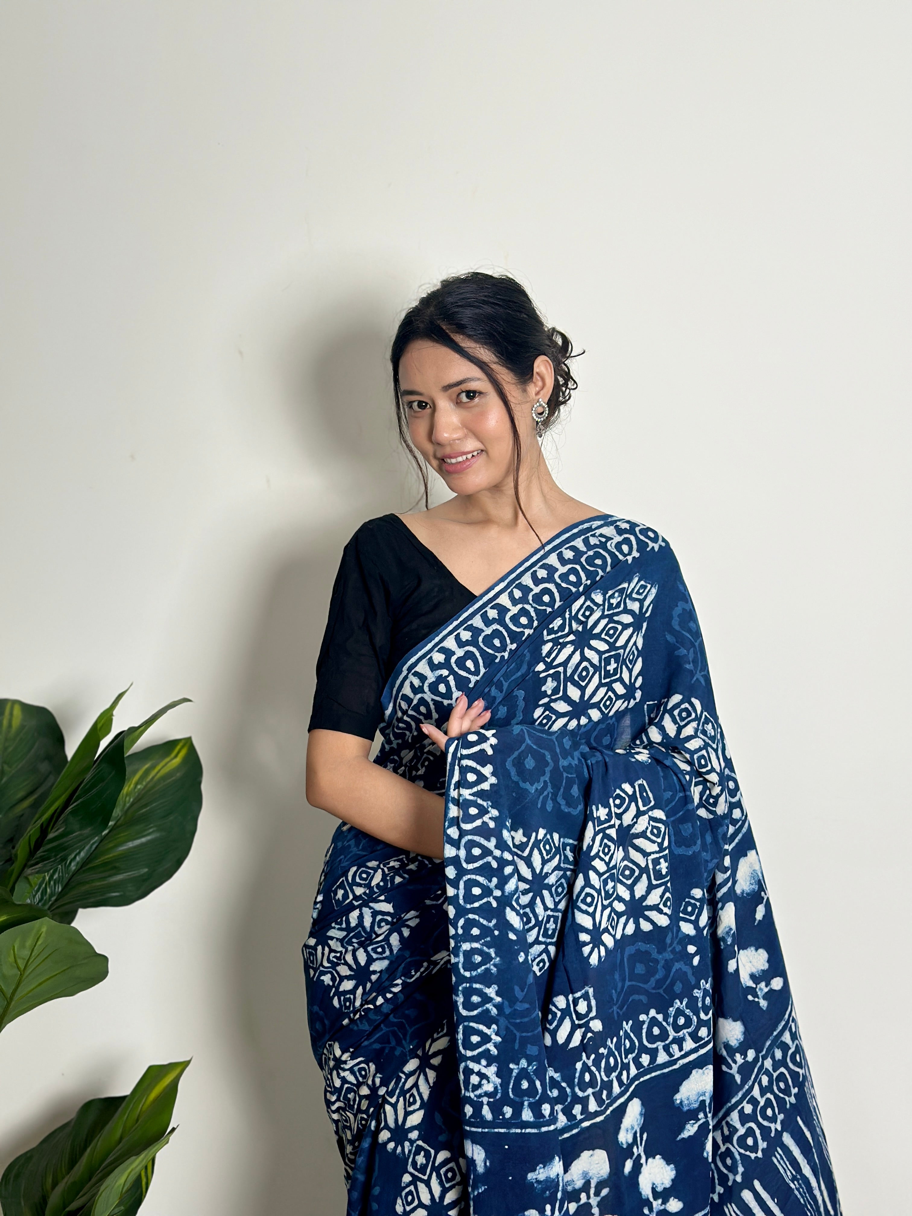 Indigo Twilight Breeze - Handblock Print Natural Dyed -  Mulmul Cotton Saree