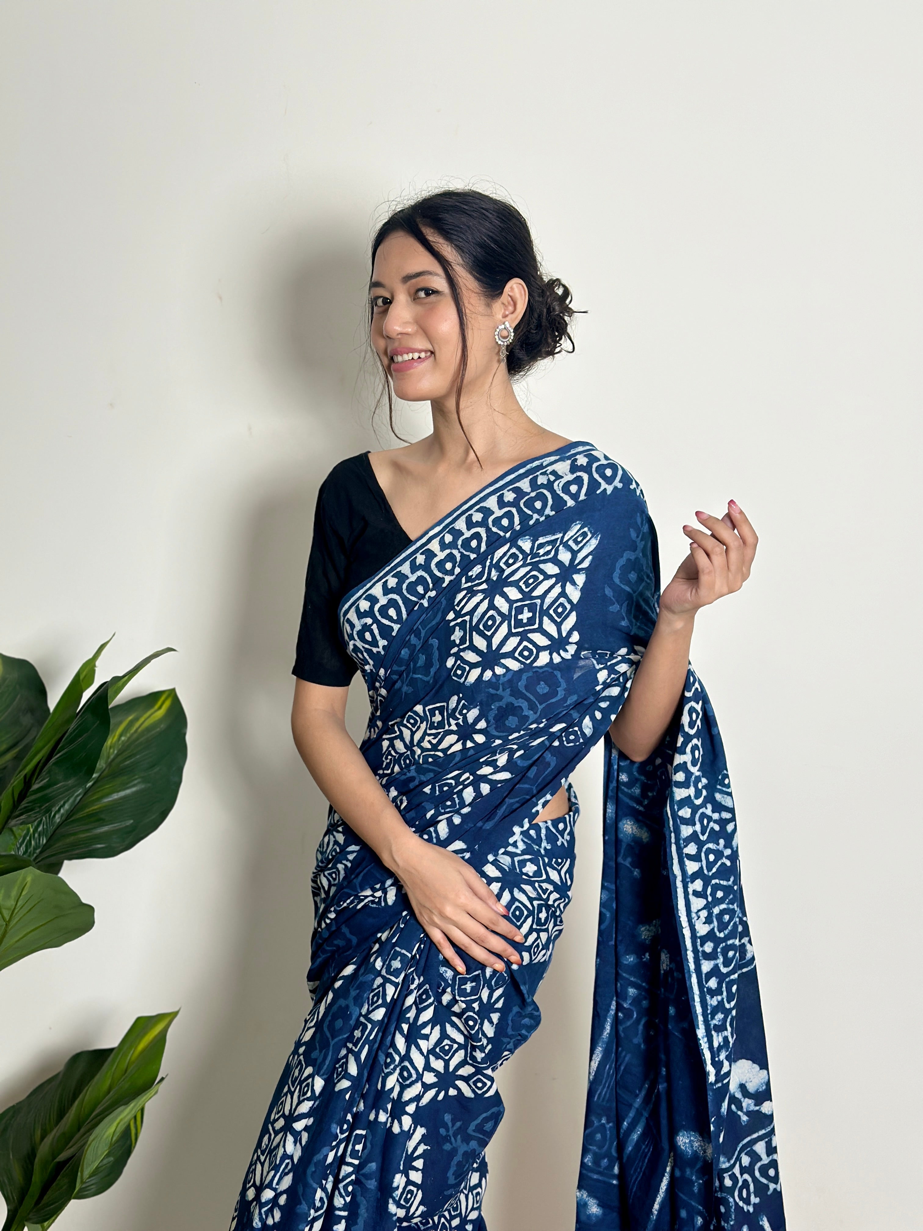 Indigo Twilight Breeze - Handblock Print Natural Dyed -  Mulmul Cotton Saree