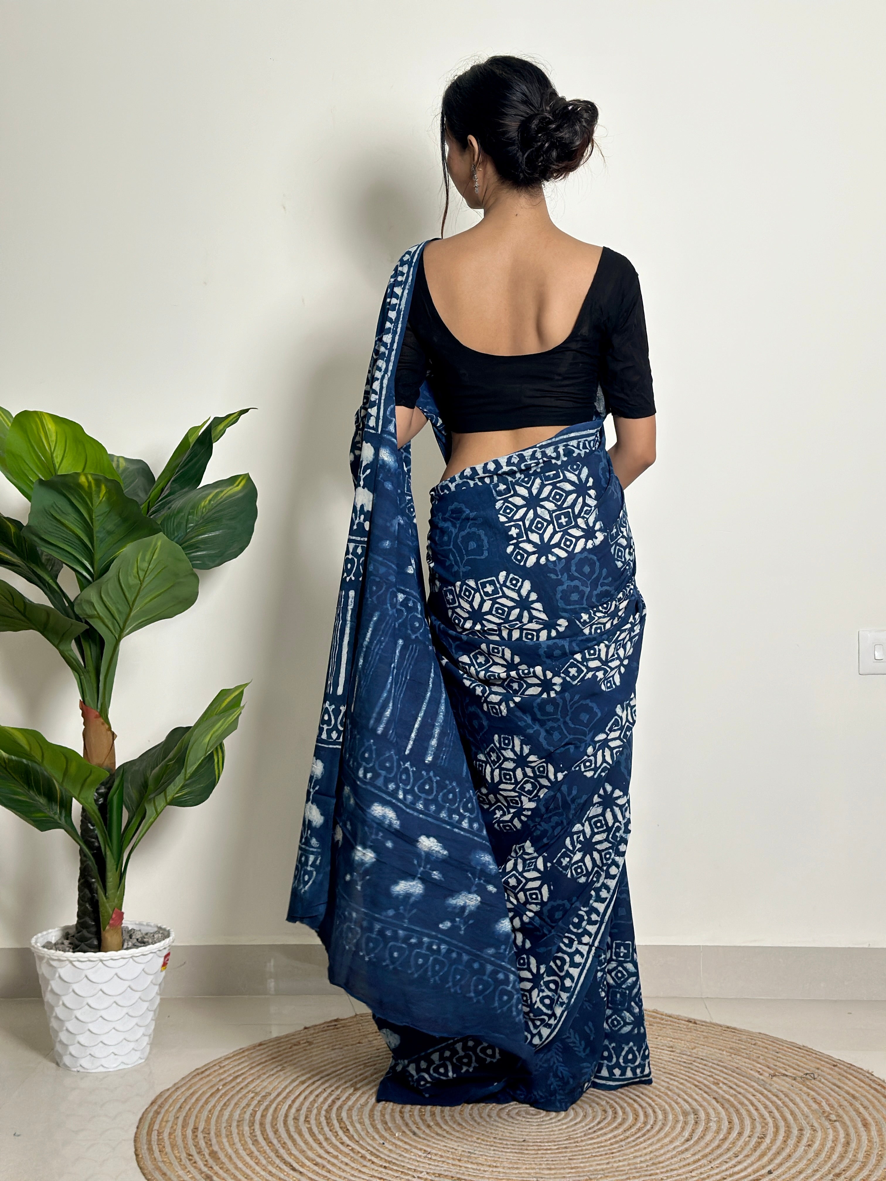 Indigo Twilight Breeze - Handblock Print Natural Dyed -  Mulmul Cotton Saree