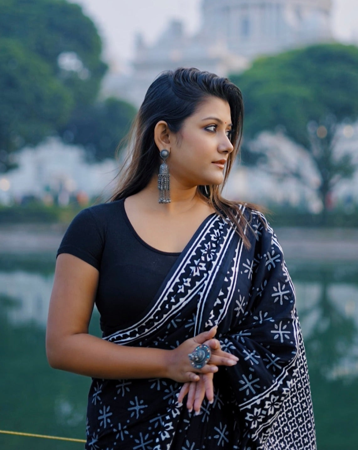 A Sky Full Of Wonders - Handblock Print Natural Dyed - Black Mulmul Cotton Saree