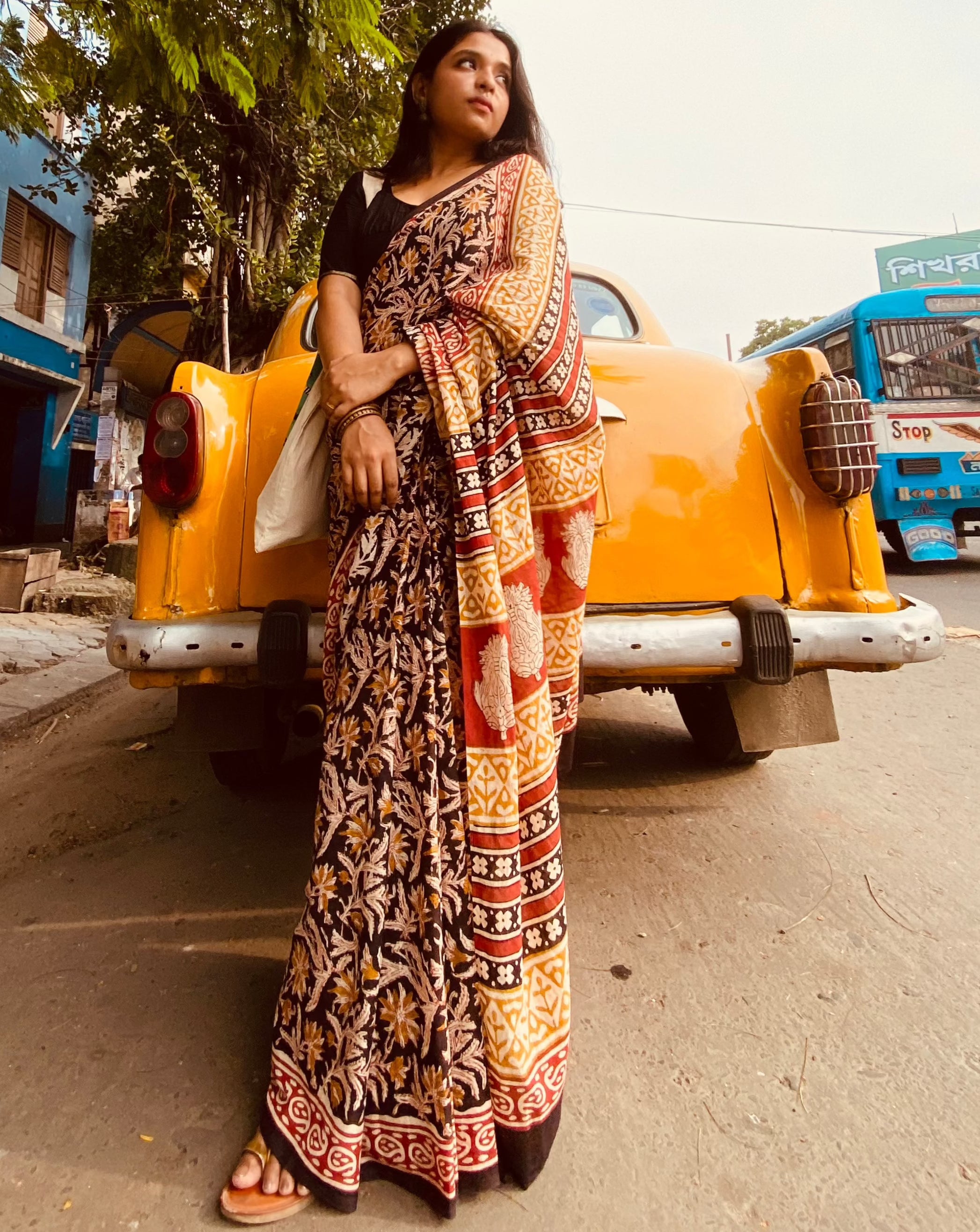 Kalbeliya - Bagru Natural Dyes Handblock Printed - Cotton Mulmul Saree