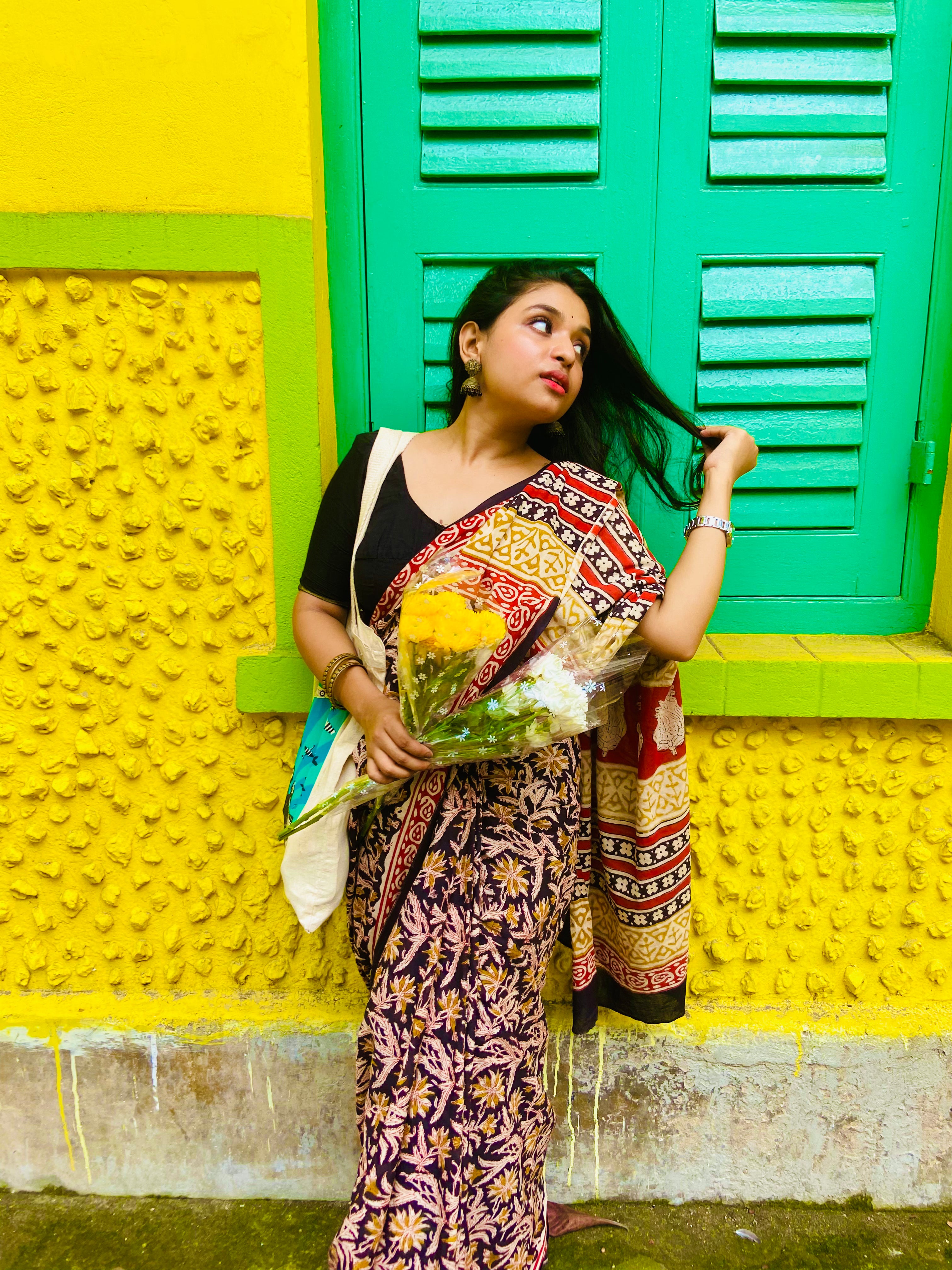 Kalbeliya - Bagru Natural Dyes Handblock Printed - Cotton Mulmul Saree