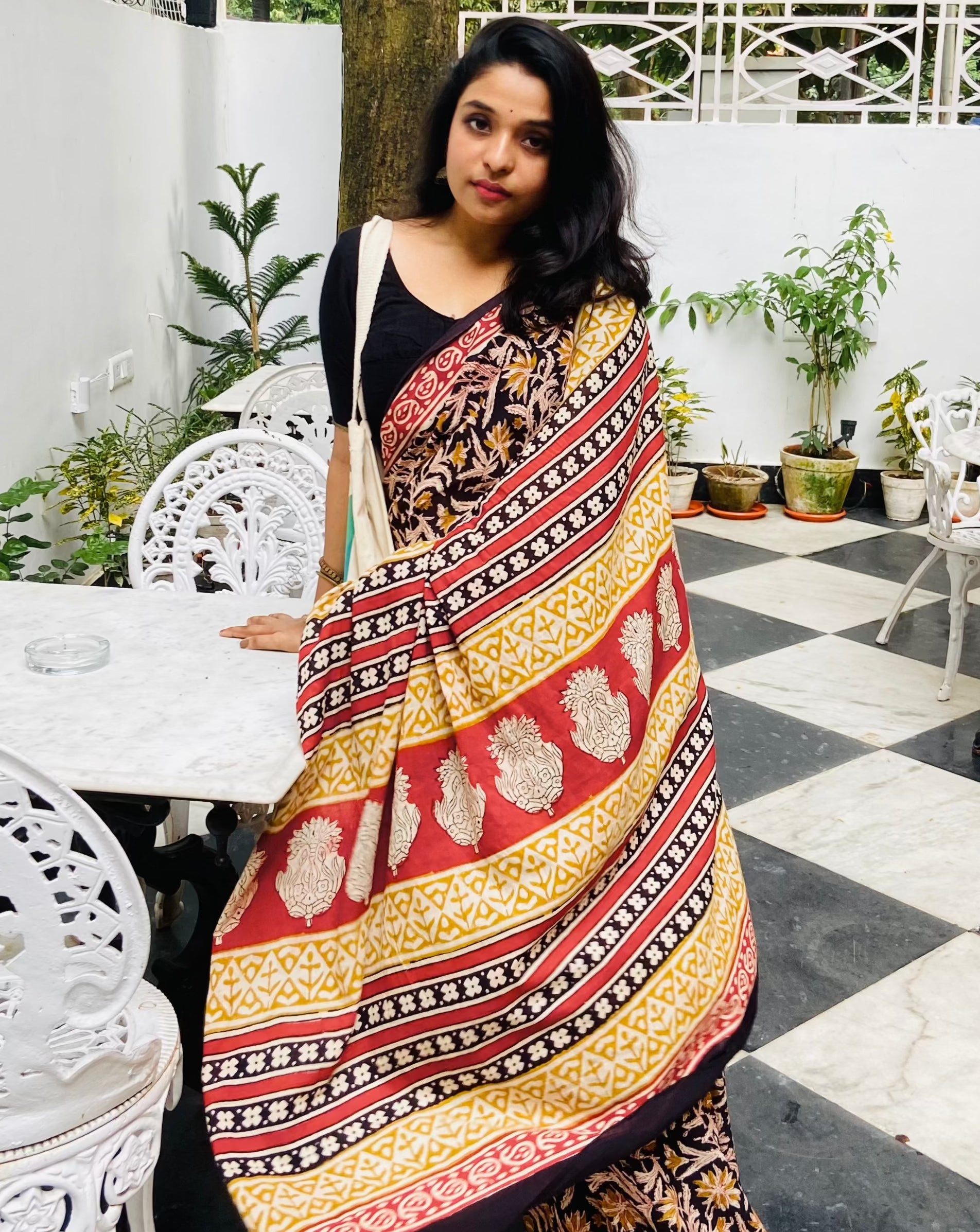 Kalbeliya - Bagru Natural Dyes Handblock Printed - Cotton Mulmul Saree