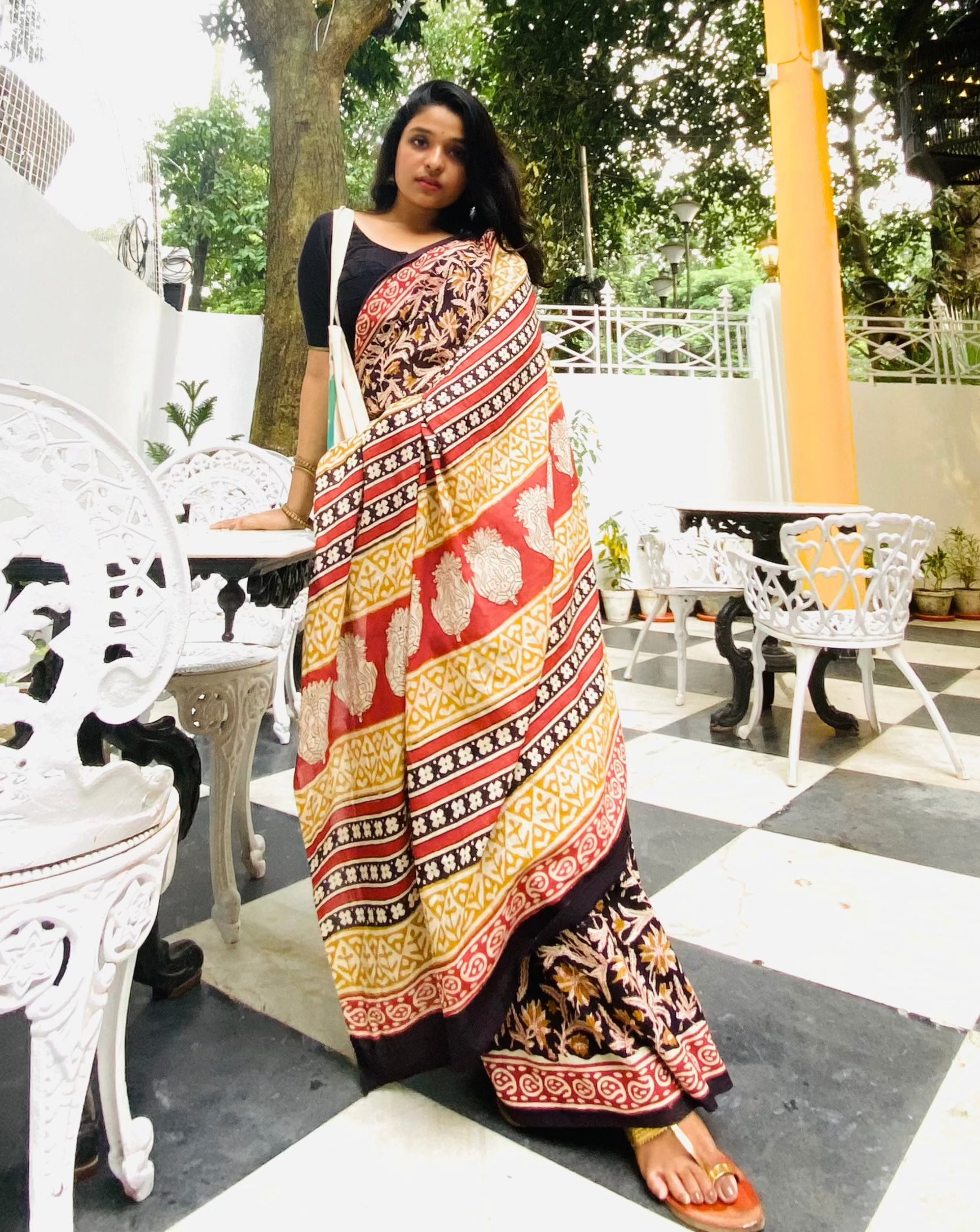 Kalbeliya - Bagru Natural Dyes Handblock Printed - Cotton Mulmul Saree