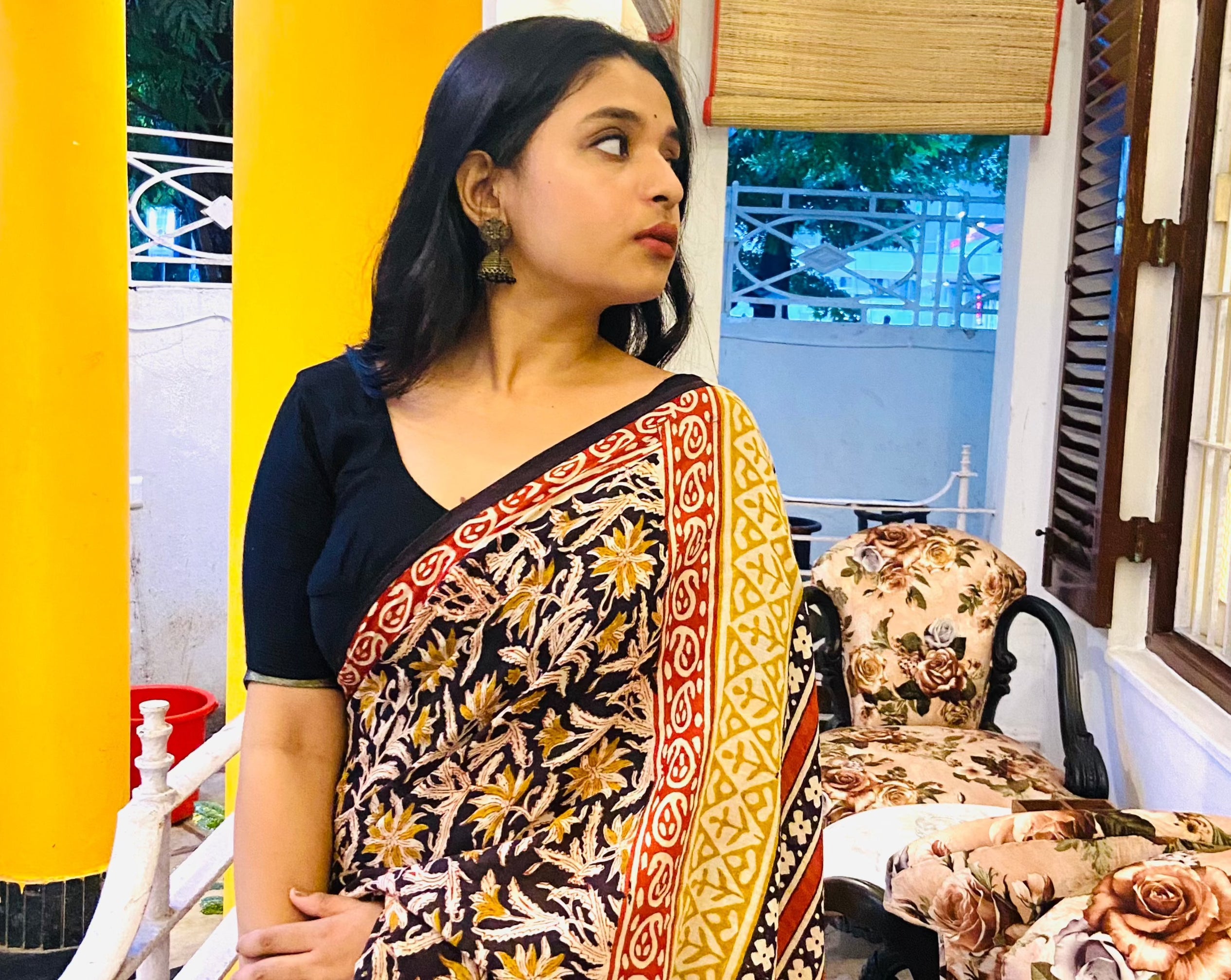 Kalbeliya - Bagru Natural Dyes Handblock Printed - Cotton Mulmul Saree