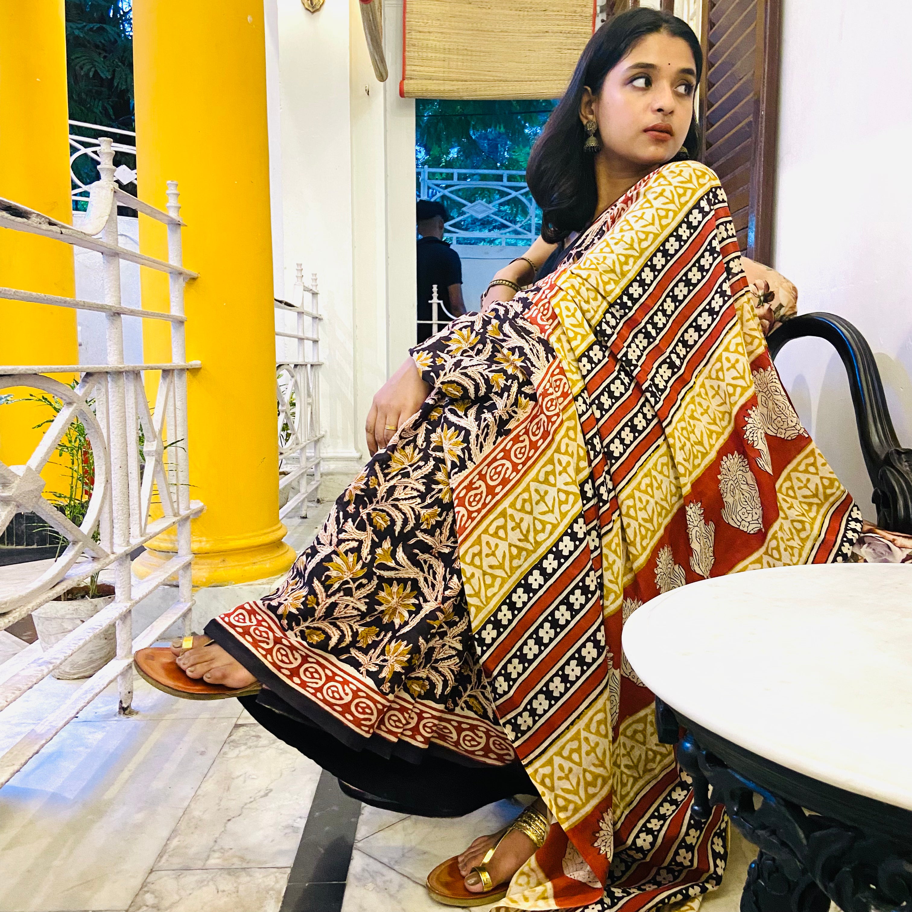 Kalbeliya - Bagru Natural Dyes Handblock Printed - Cotton Mulmul Saree