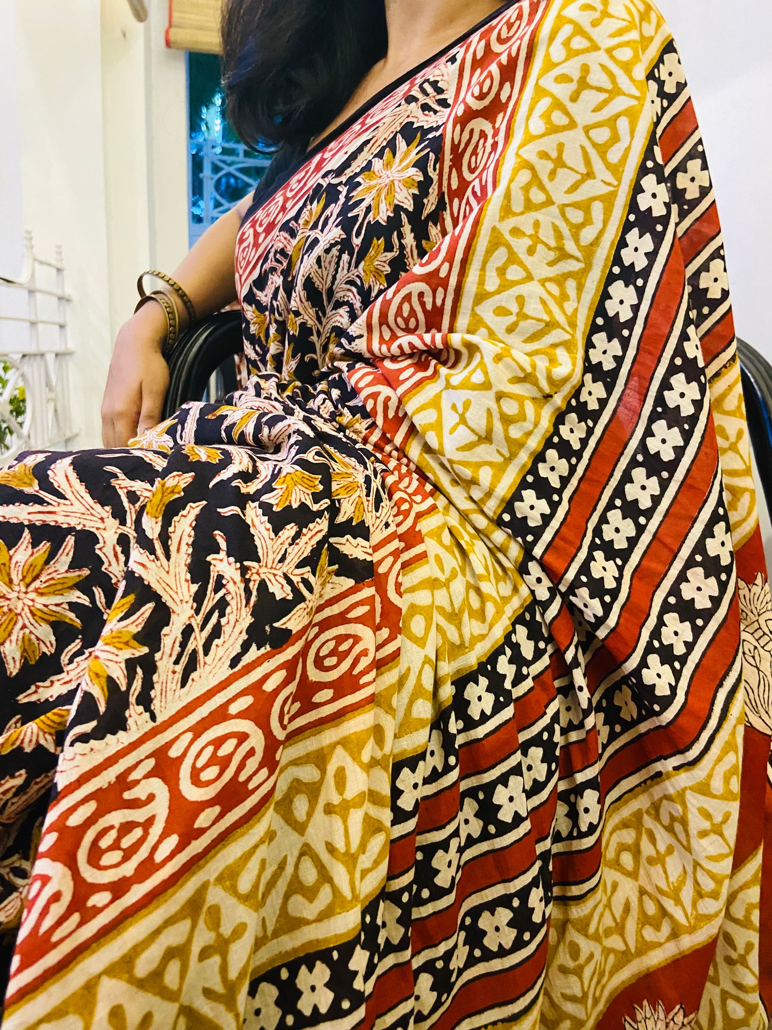 Kalbeliya - Bagru Natural Dyes Handblock Printed - Cotton Mulmul Saree