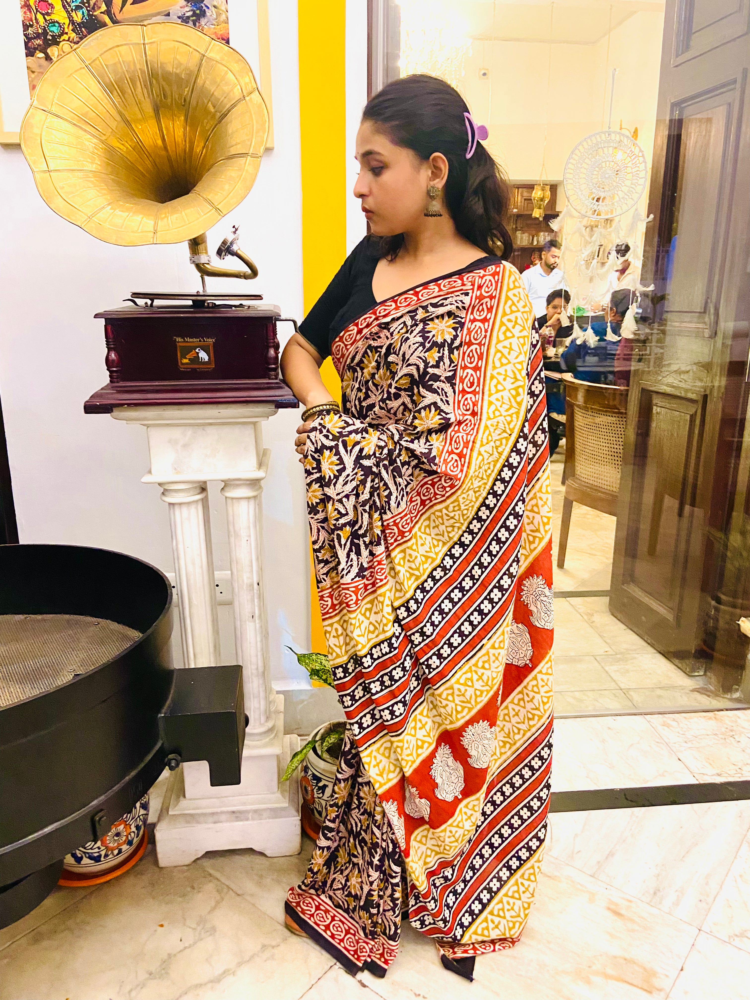 Kalbeliya - Bagru Natural Dyes Handblock Printed - Cotton Mulmul Saree