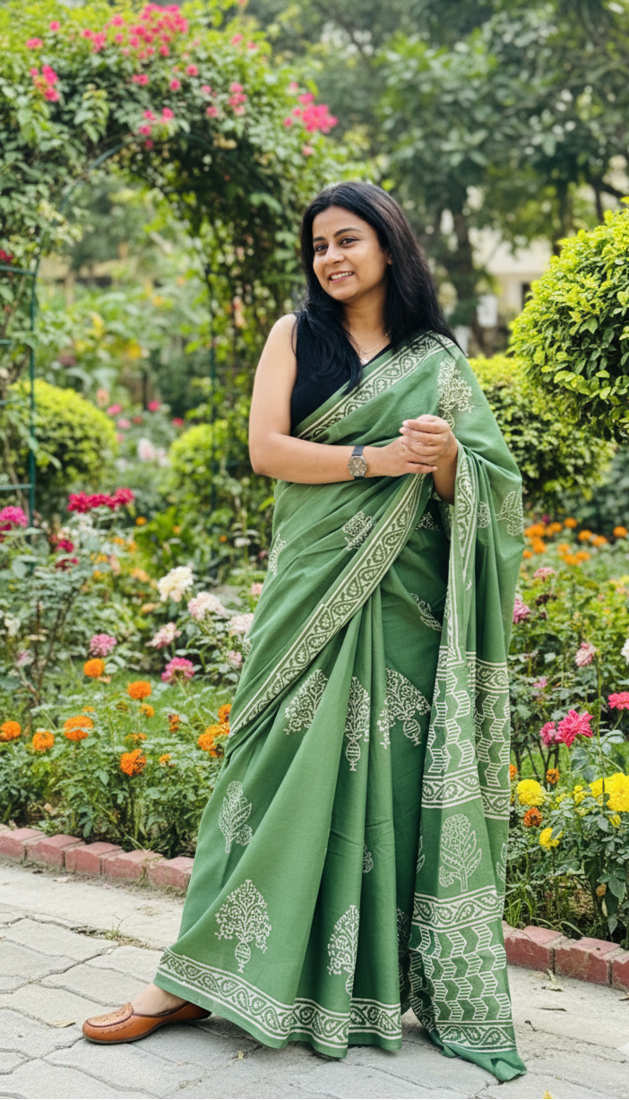 Kaccha Mango Bite - Handblock Cotton Mulmul Saree