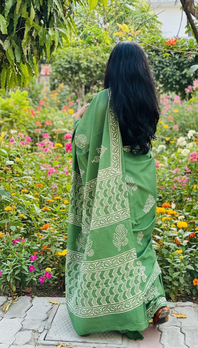 Kaccha Mango Bite - Handblock Cotton Mulmul Saree