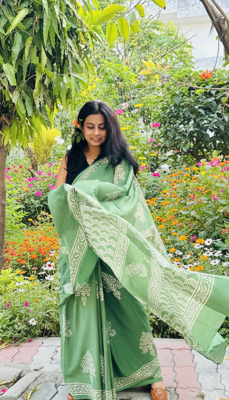 Kaccha Mango Bite - Handblock Cotton Mulmul Saree
