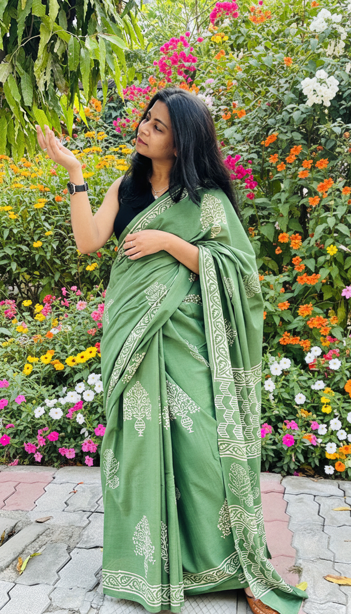 Kaccha Mango Bite - Handblock Cotton Mulmul Saree