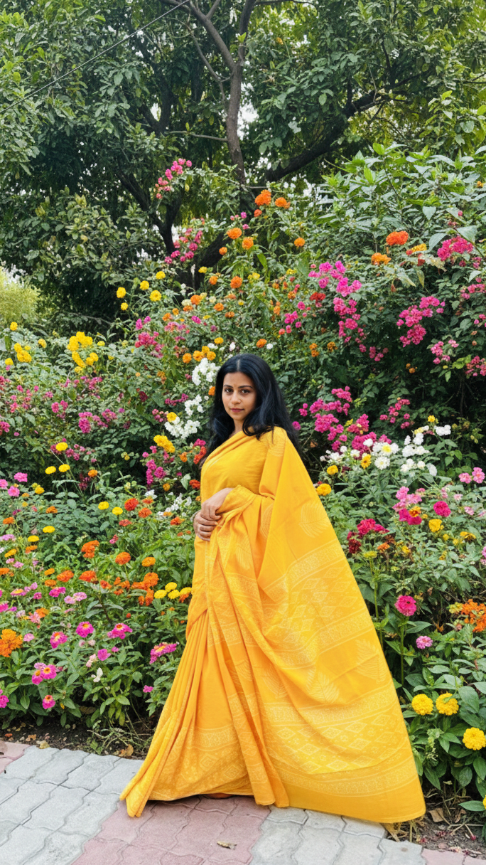 Yellow Yellow Nice Fellow - Handblock Cotton Mulmul Saree