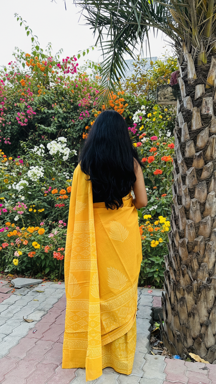 Yellow Yellow Nice Fellow - Handblock Cotton Mulmul Saree