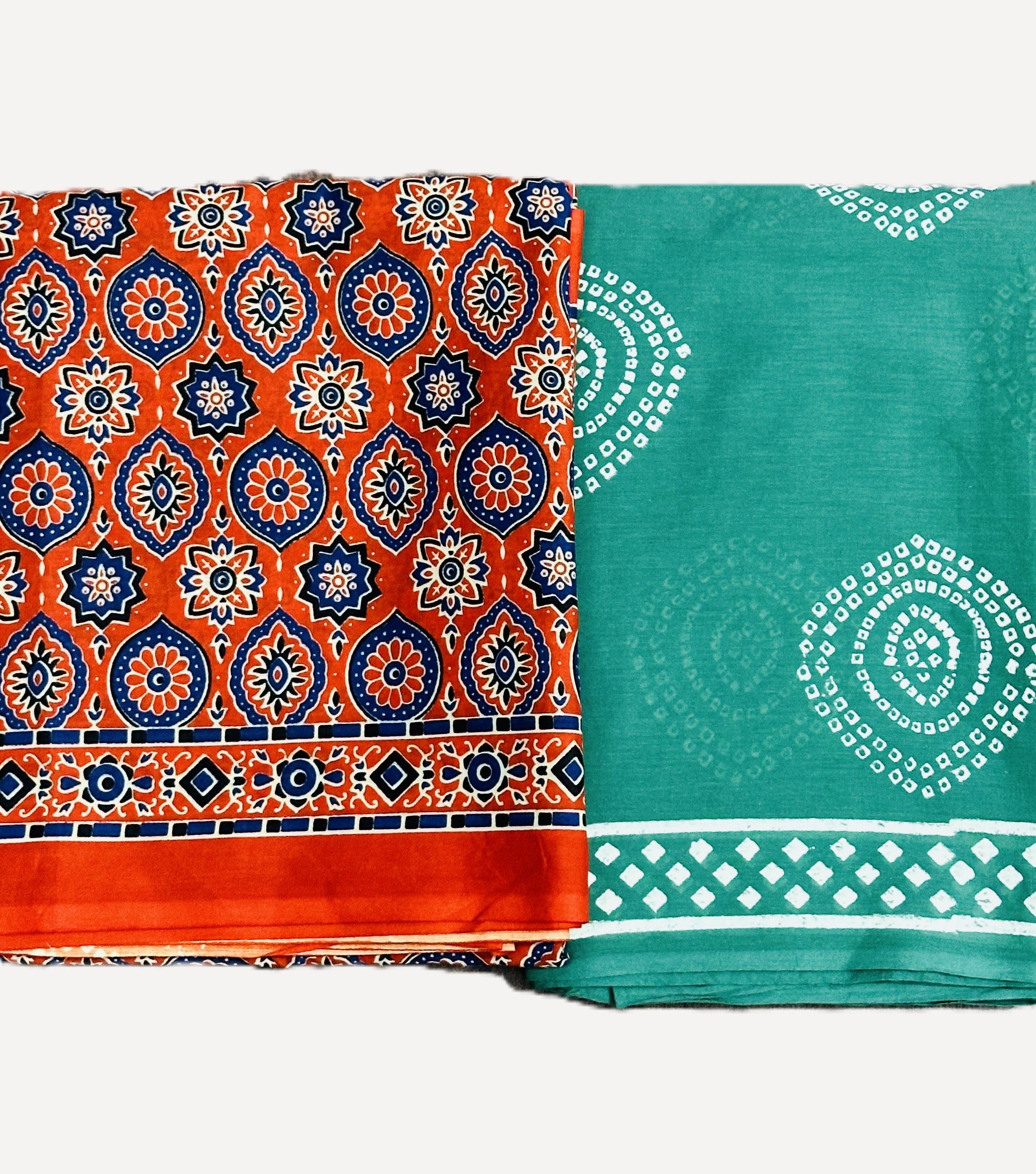 Classical Beauty & Green Bandhni - Pack Of 2 Sarees - Handblock Cotton Mulmul Sarees