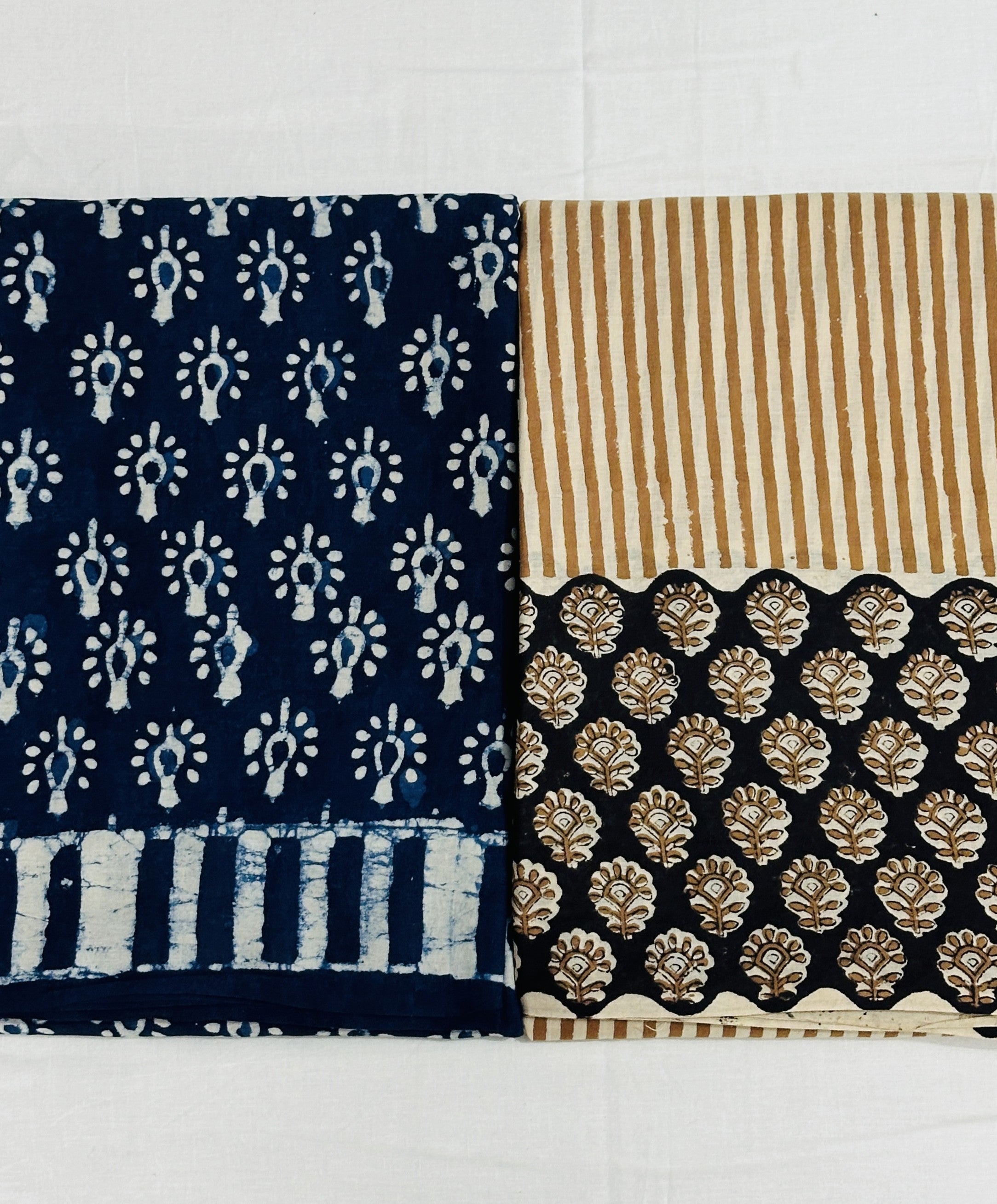 Coffee Cocoa & Indigo lit - Pack Of 2 Sarees - Handblock Cotton Mulmul Sarees