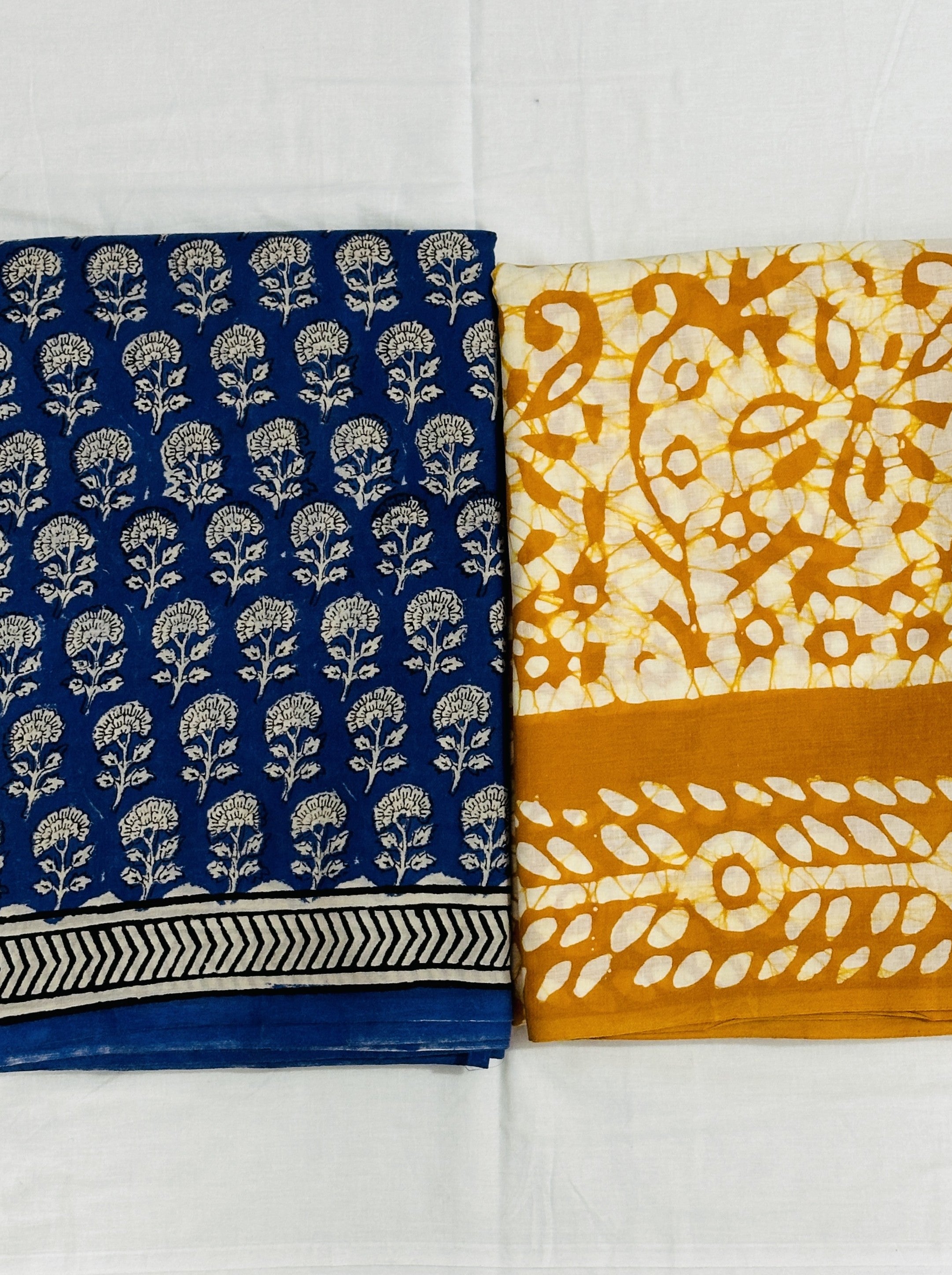 Honey Cream & Tales of Blue Earth - Pack Of 2 Sarees - Handblock Cotton Mulmul Sarees