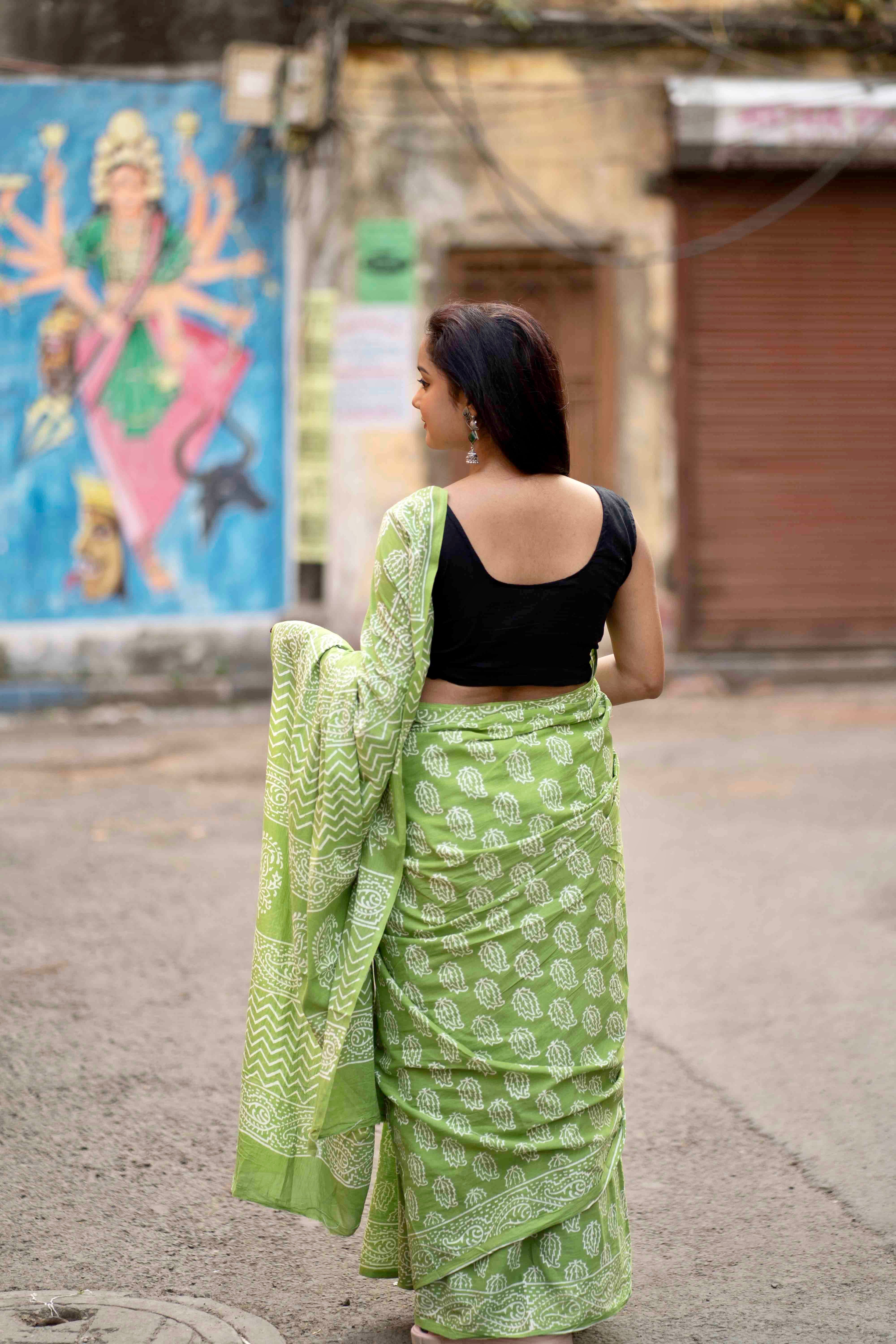 Summer Vacation Collection - Katchi Kairy - Handblock Print Natural Dyed - Mulmul Cotton Saree