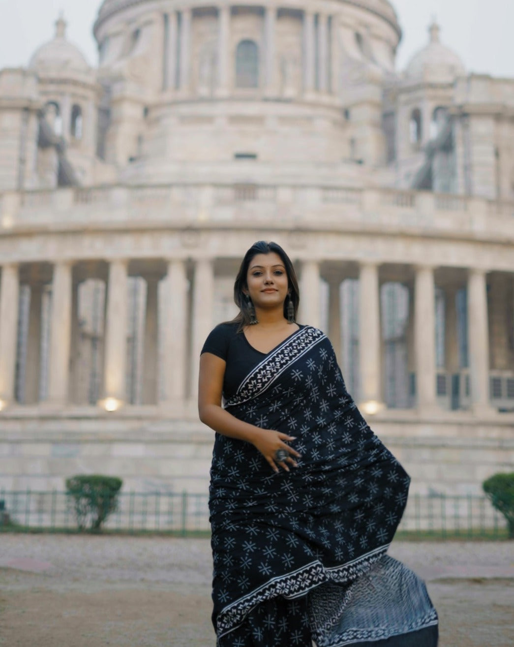 A Sky Full Of Wonders - Handblock Print Natural Dyed - Black Mulmul Cotton Saree
