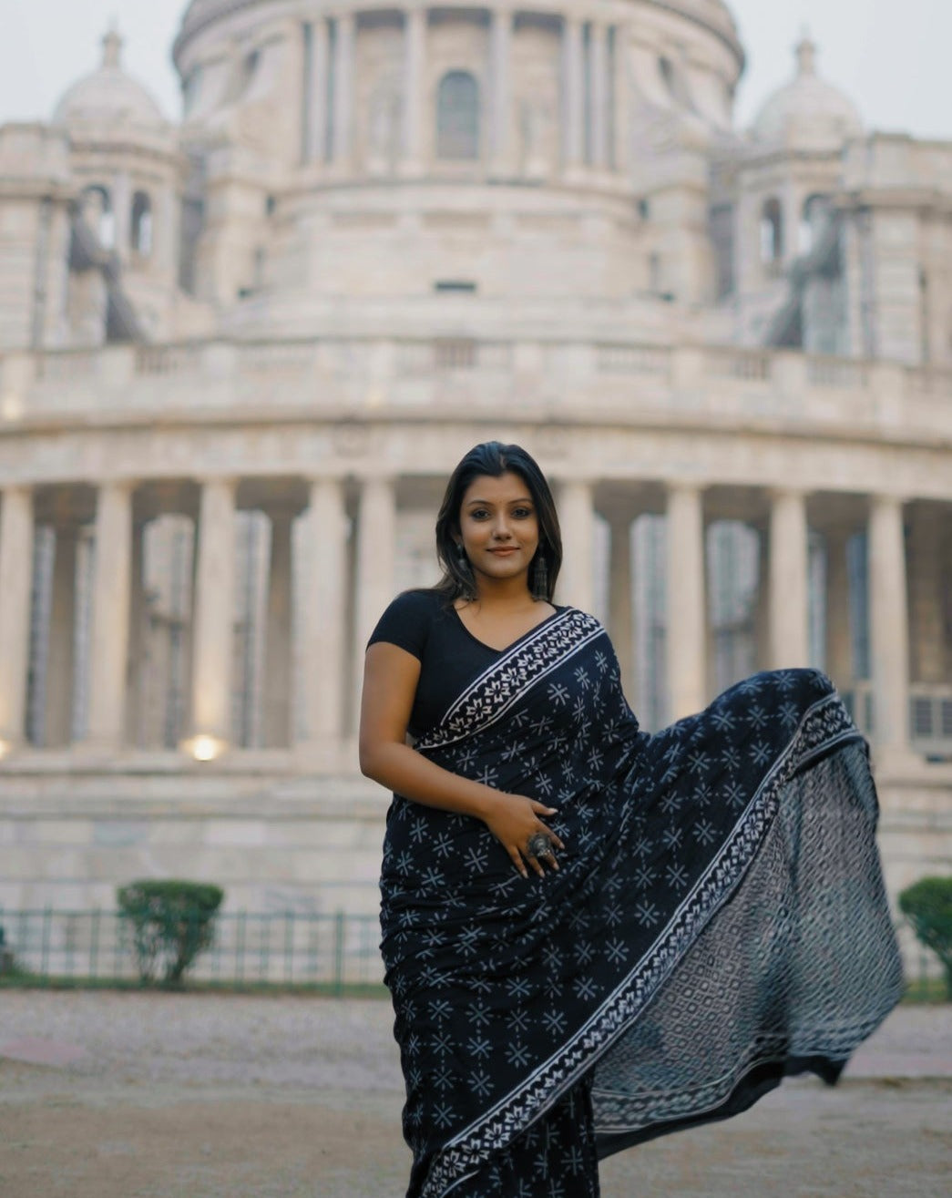 A Sky Full Of Wonders - Handblock Print Natural Dyed - Black Mulmul Cotton Saree