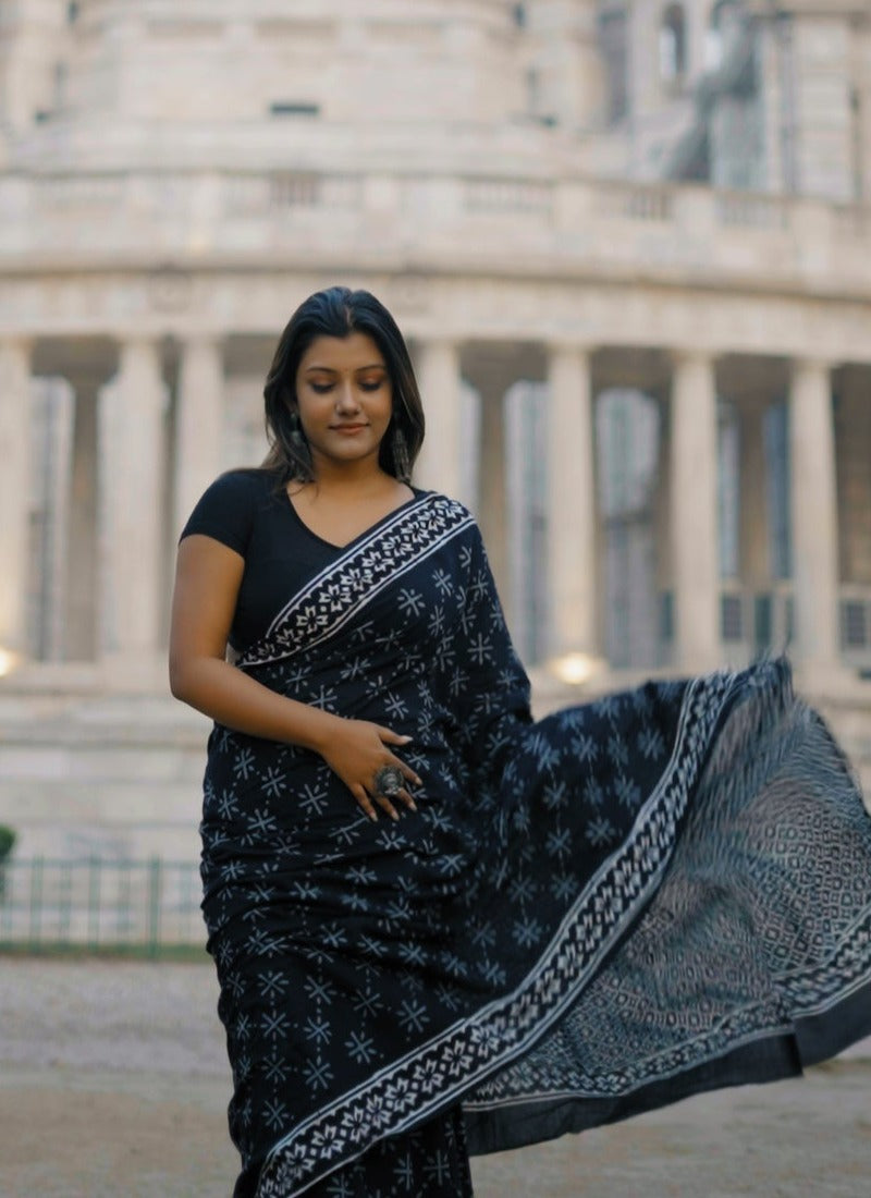 A Sky Full Of Wonders - Handblock Print Natural Dyed - Black Mulmul Cotton Saree