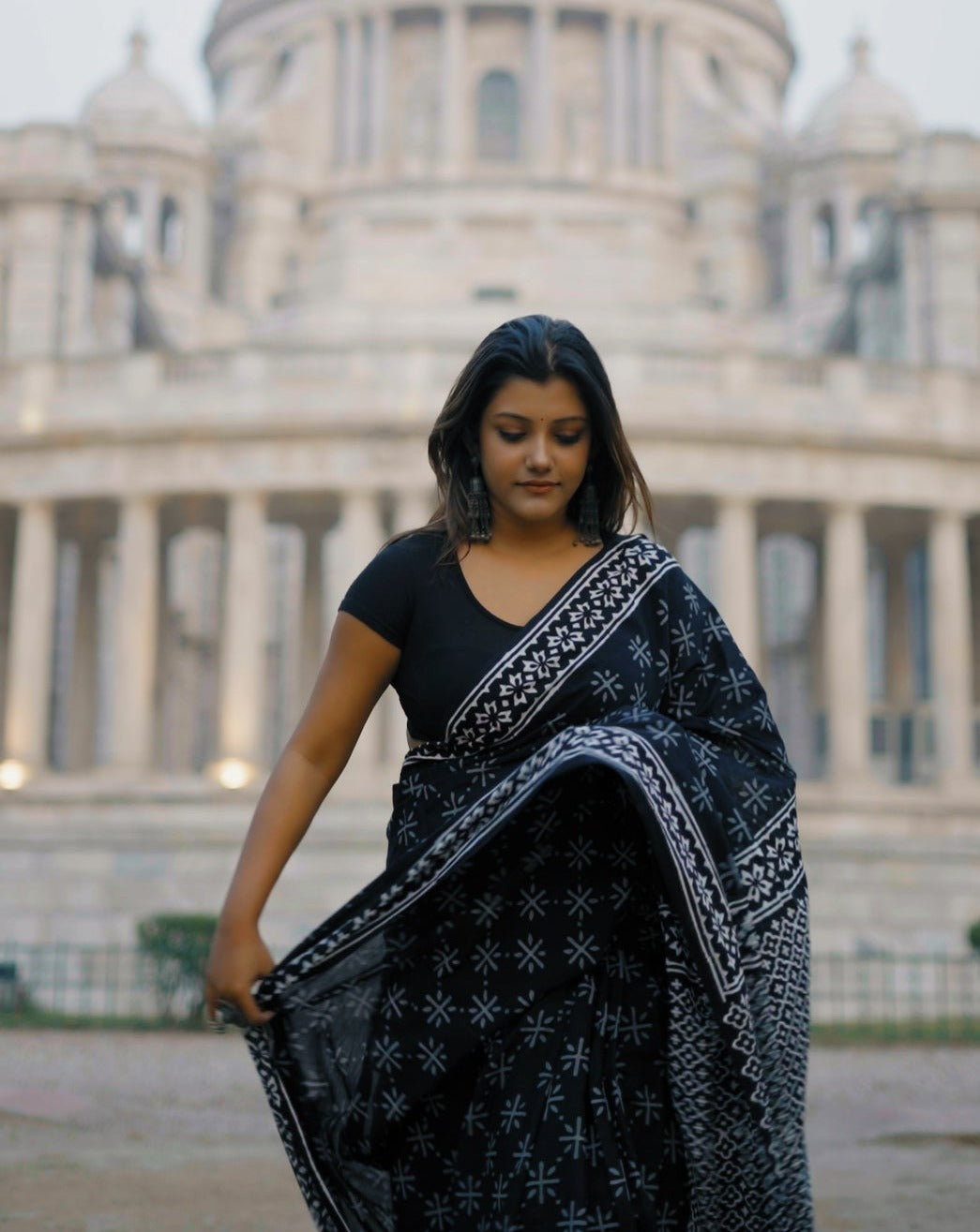 A Sky Full Of Wonders - Handblock Print Natural Dyed - Black Mulmul Cotton Saree
