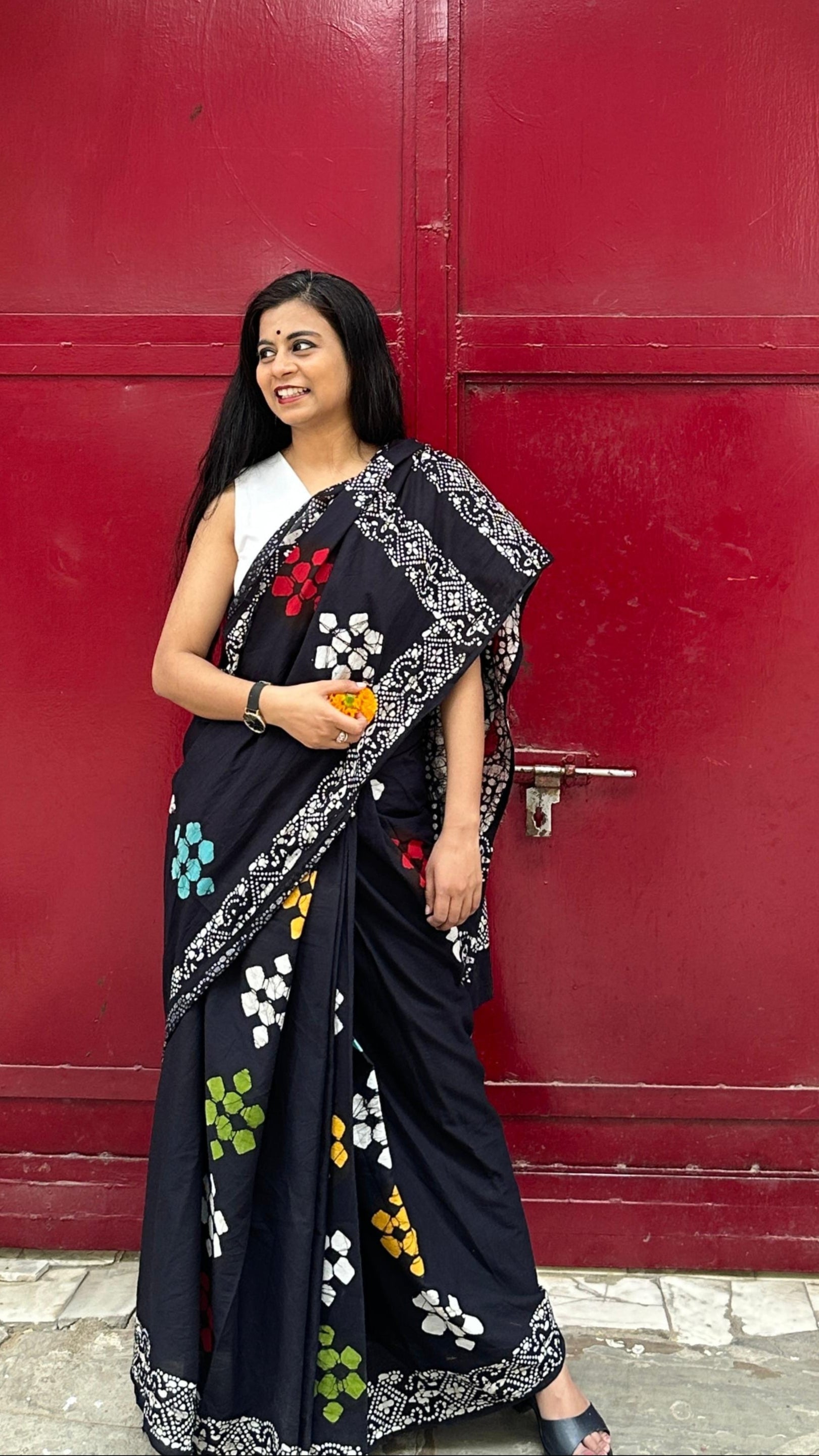 Be My Mystry - Mulmul Cotton Block Printed Black Saree