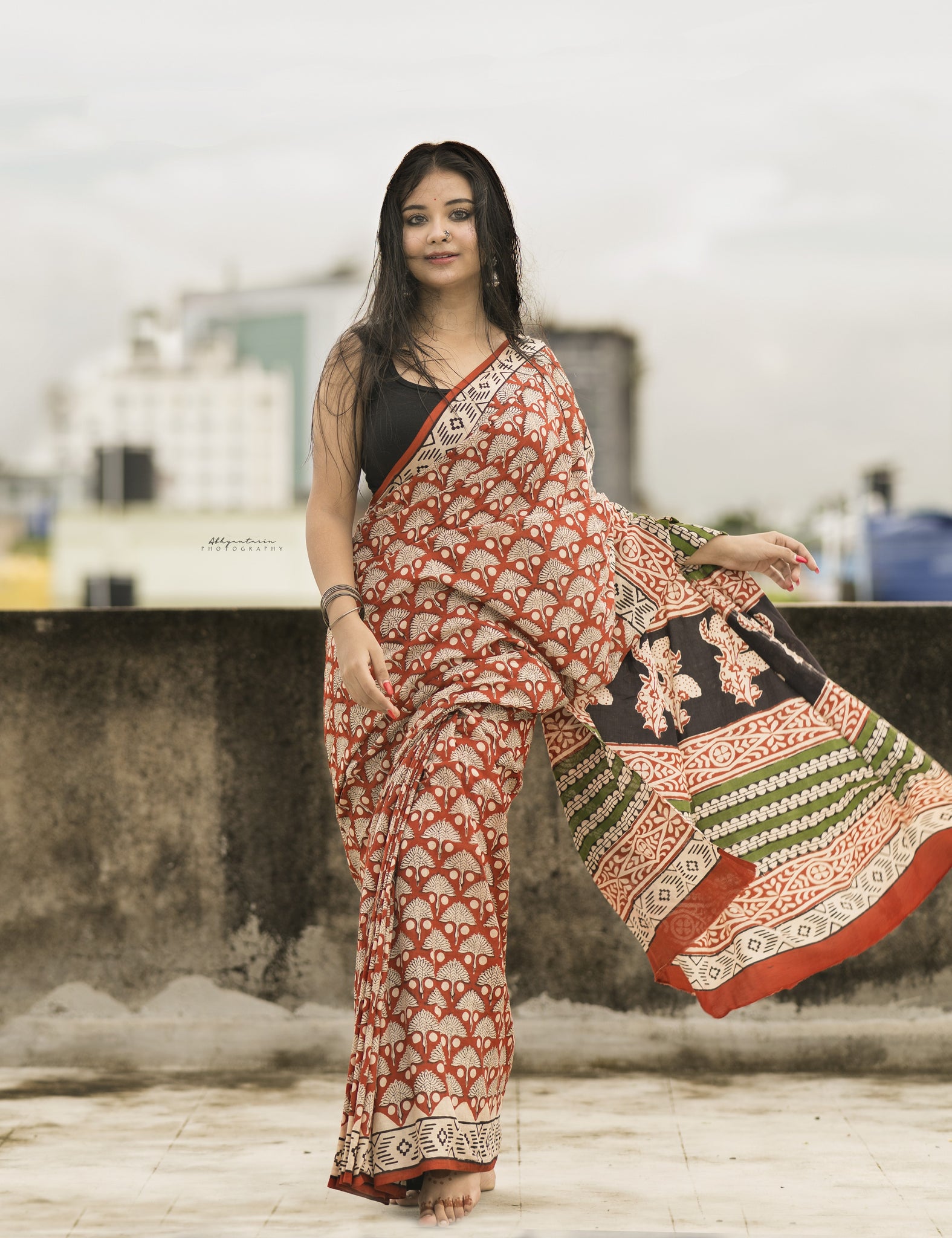 Chilgoza- Bagru Natural Dyes Handblock Printed - Cotton Mulmul Saree