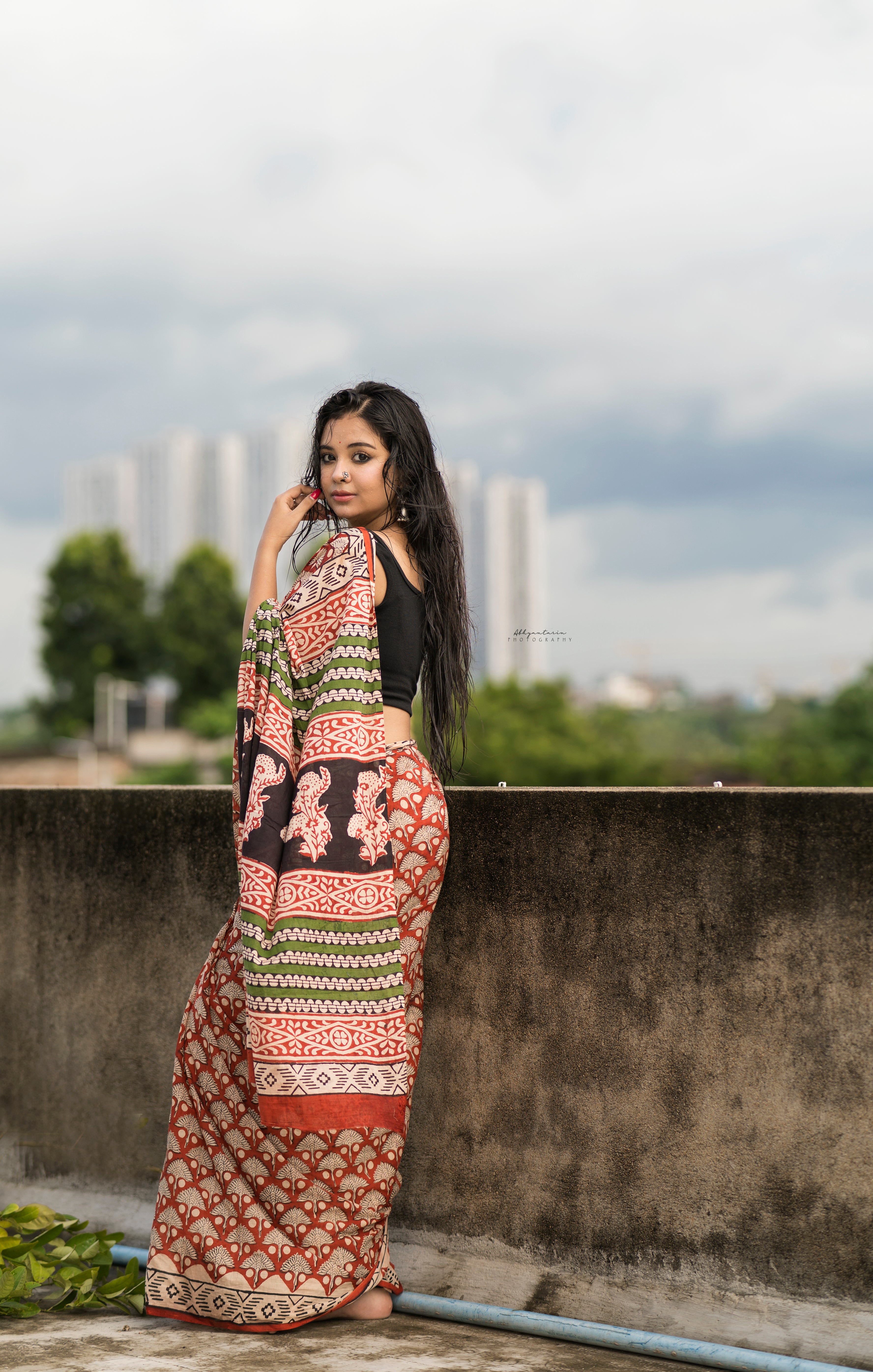 Chilgoza- Bagru Natural Dyed Handblock Printed - Cotton Mulmul Saree