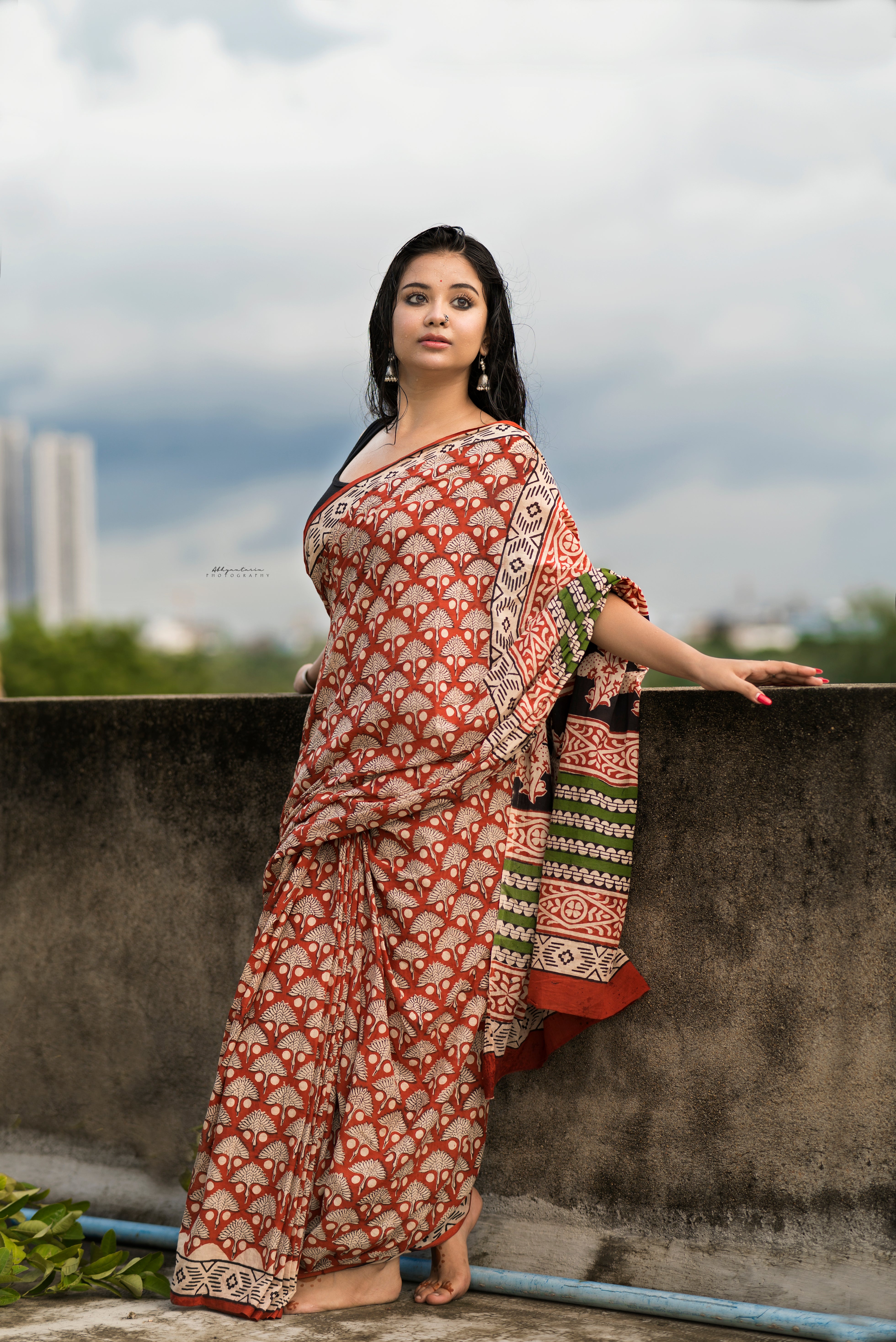 Chilgoza- Bagru Natural Dyed Handblock Printed - Cotton Mulmul Saree