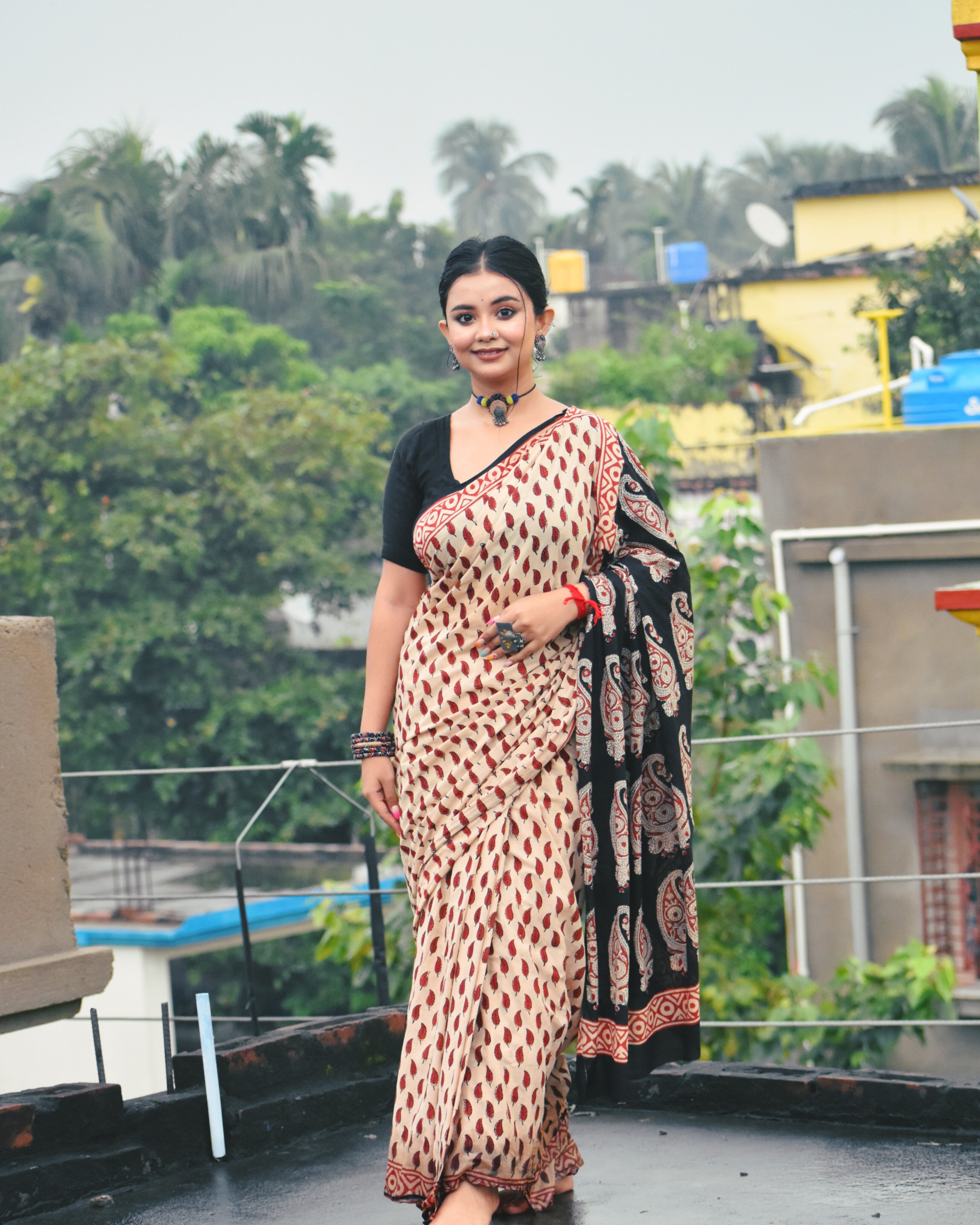 Chirmi - Bagru Natural Dyes Handblock Printed - Cotton Mulmul Saree