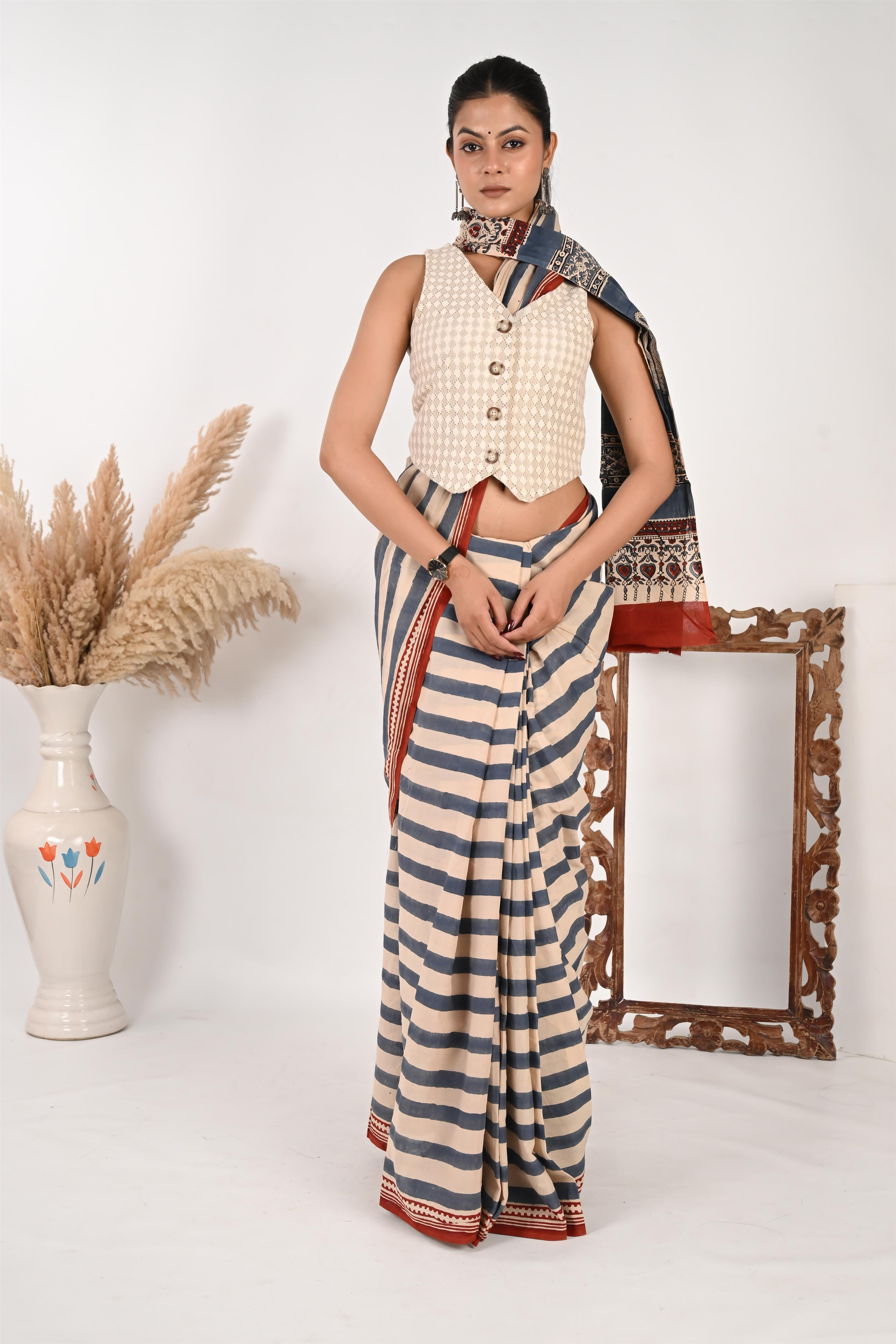 Update or Upgrade - Handblock Print Natural Dyed - Mulmul Cotton Saree