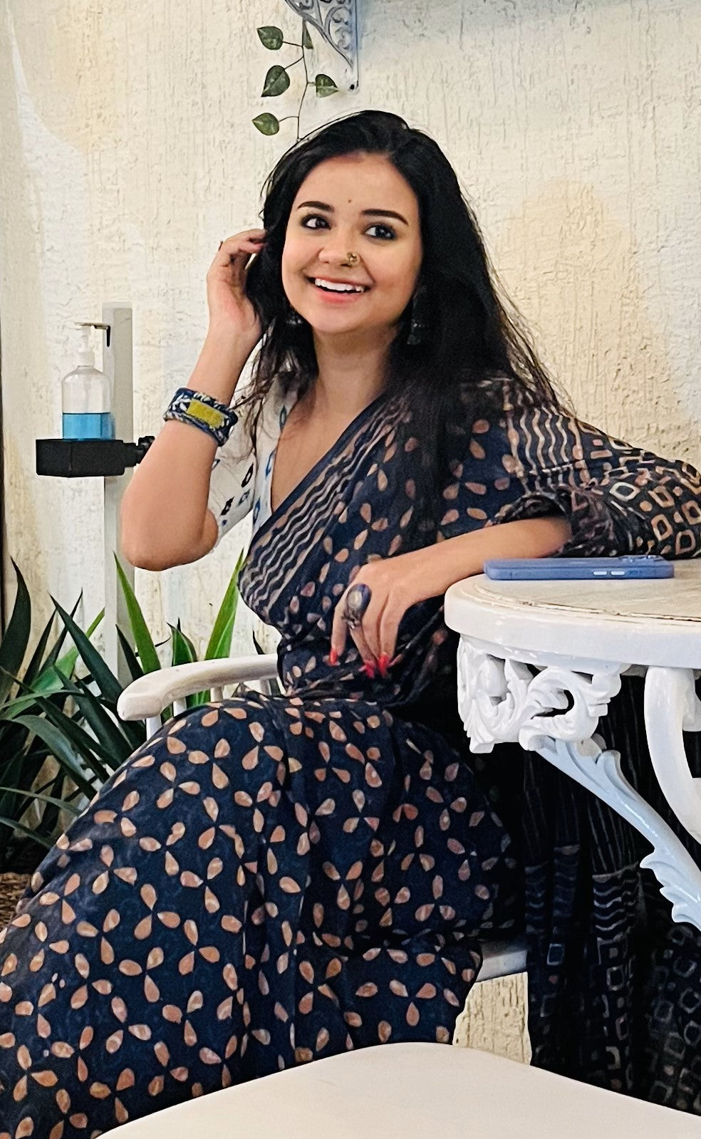 Dhalti Raat ( Stary Night In Dessert) - Bagru Natural Dyed Handblock Printed - Cotton Mulmul Saree