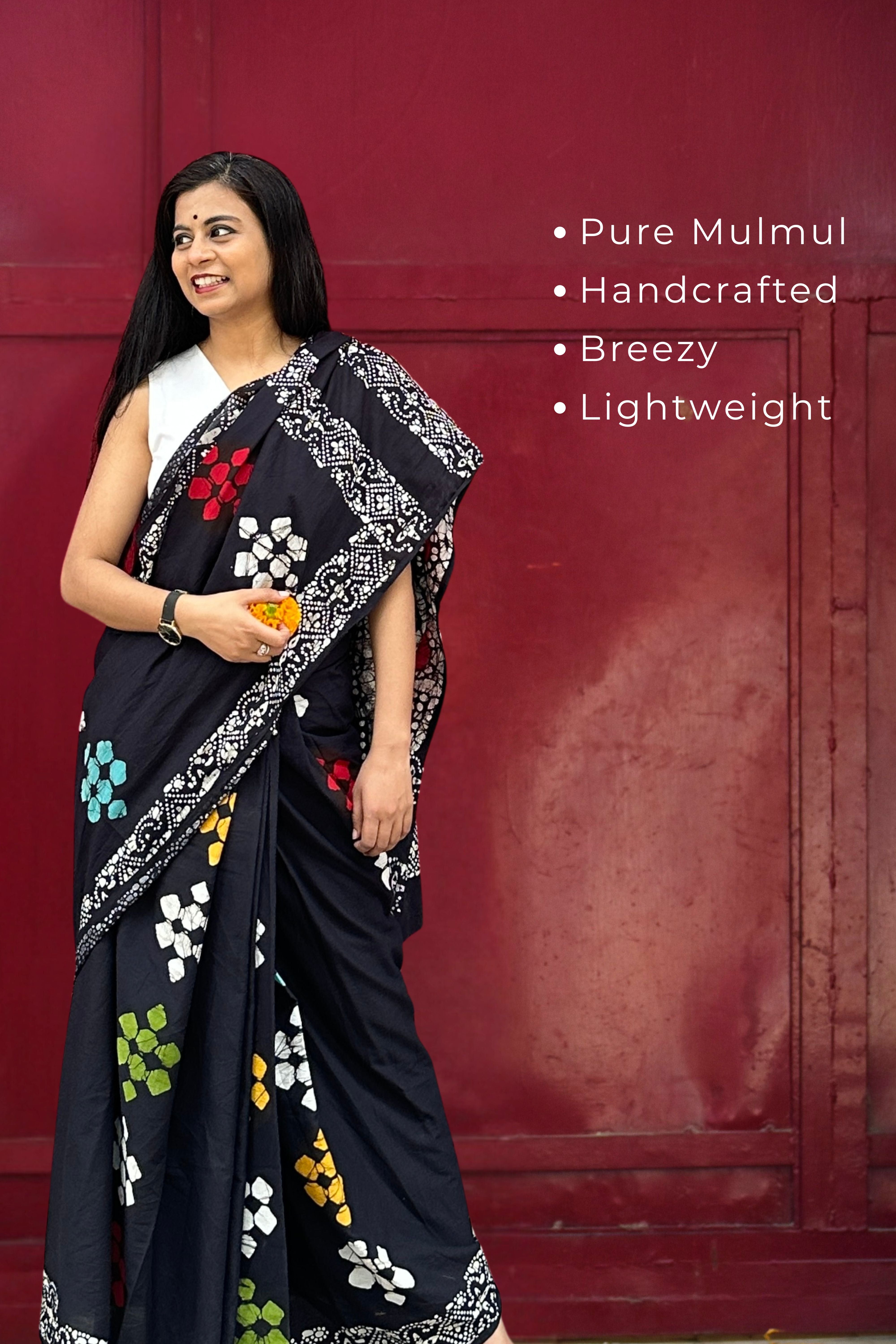 Be My Mystry - Mulmul Cotton Block Printed Black Saree